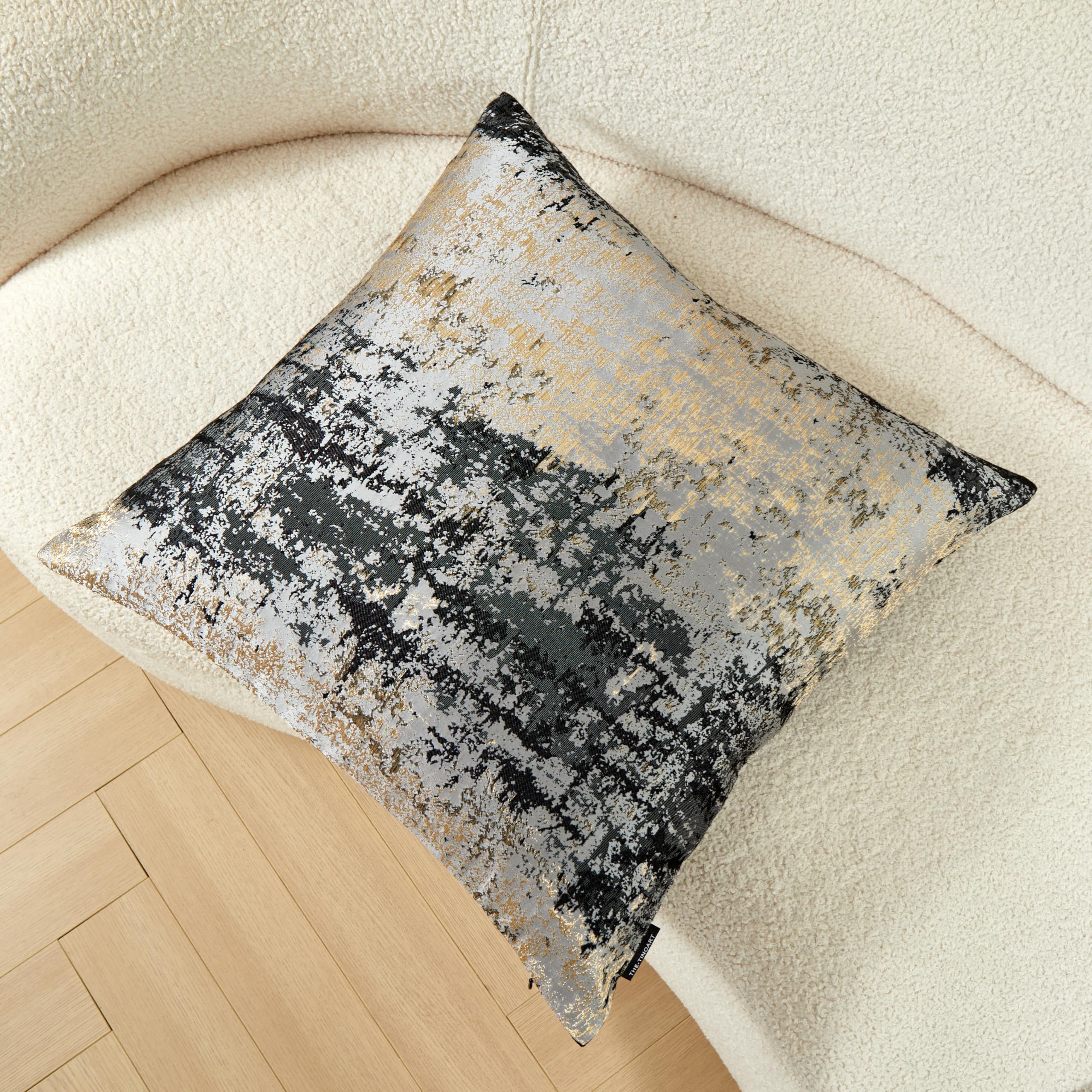 THE-TINOART Grey Decorative Throw Pillow Cover - Glitter Gold Splashed Black Jacquard Reversible Velvet Cushion Cover 22x22 Inches for Sofa, Bed, Living Room - Perfect for Grey Couches and Home Decor