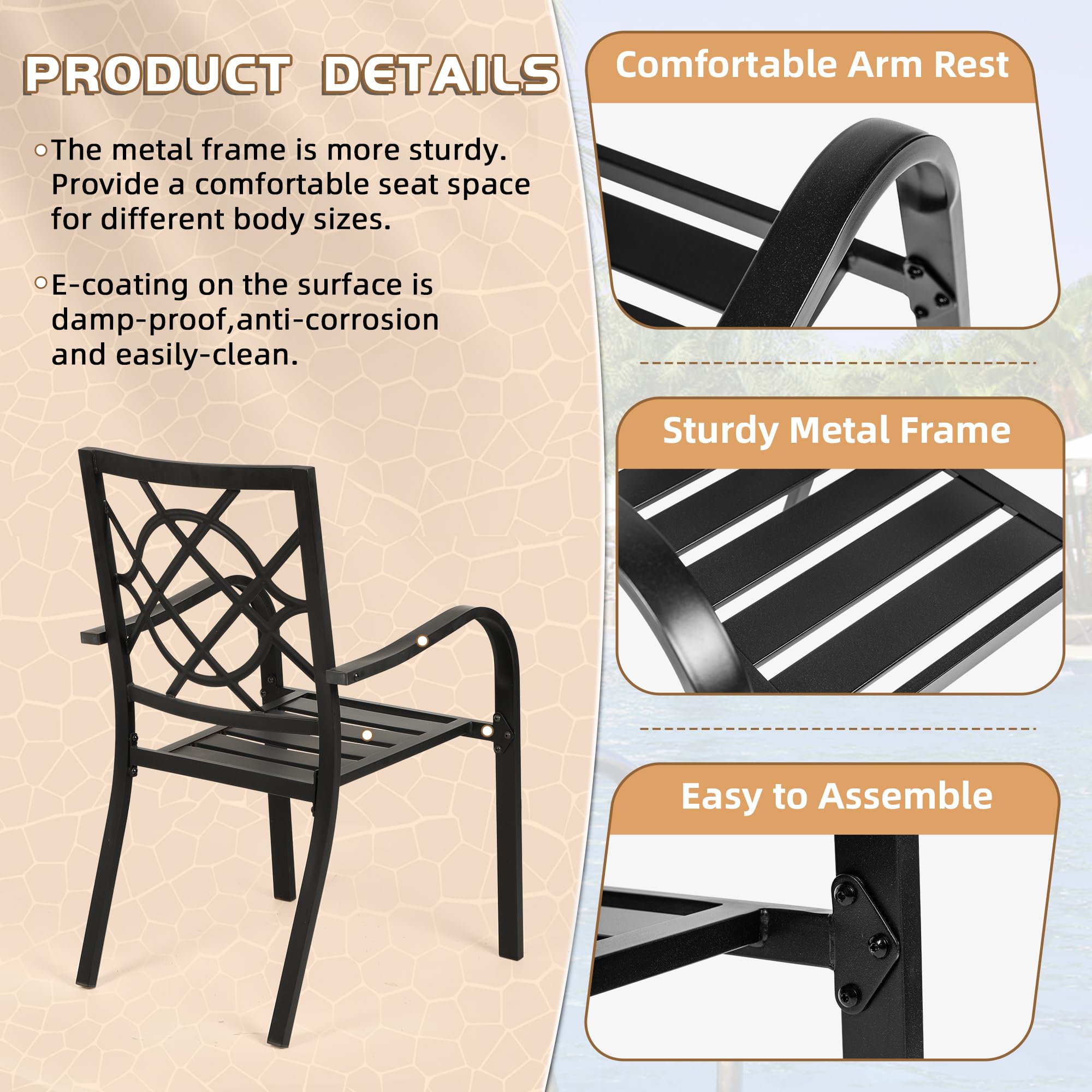 Incbruce 300lbs Capacity Patio Chairs Set of 2 - Heavy Duty Stackable Outdoor Dining Chairs with Metal Frame & Wrought Iron Black Finish - Perfect for Garden, Poolside, Backyard, Deck, and Outdoor Entertaining