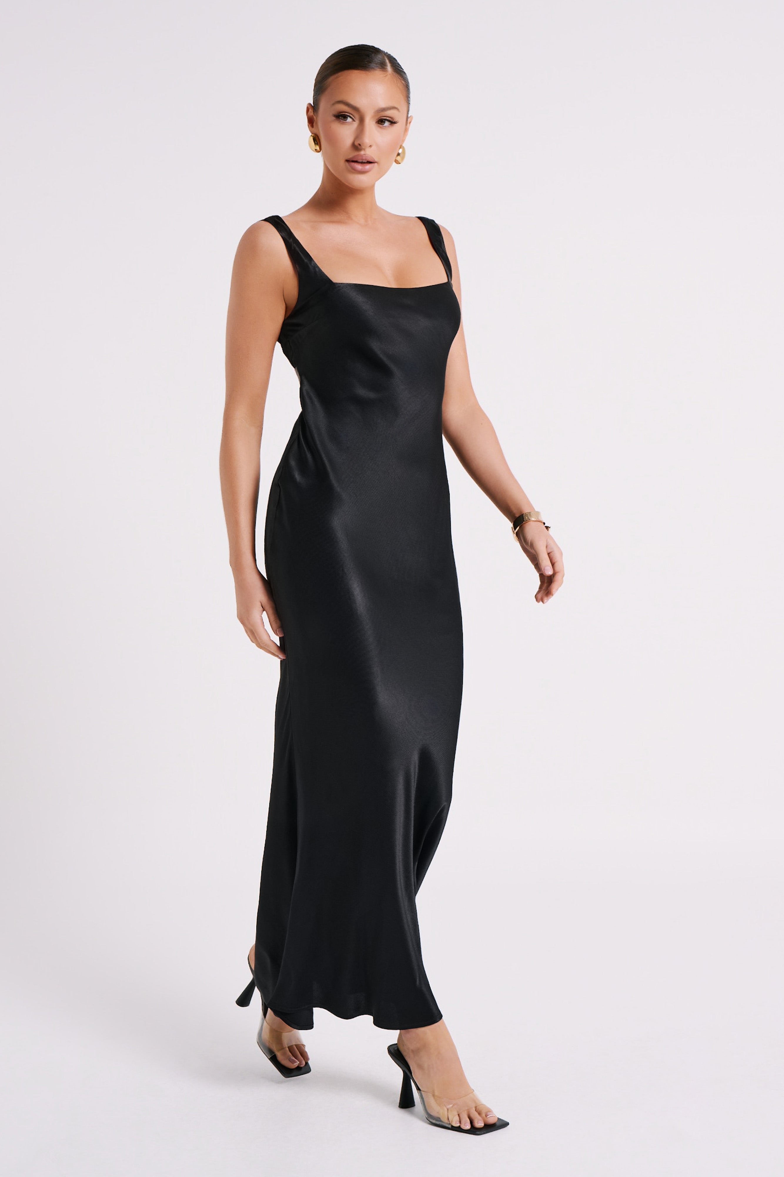Ensley Black Satin Maxi Dress for Women - Elegant Evening Gown for Parties, Weddings & Special Occasions