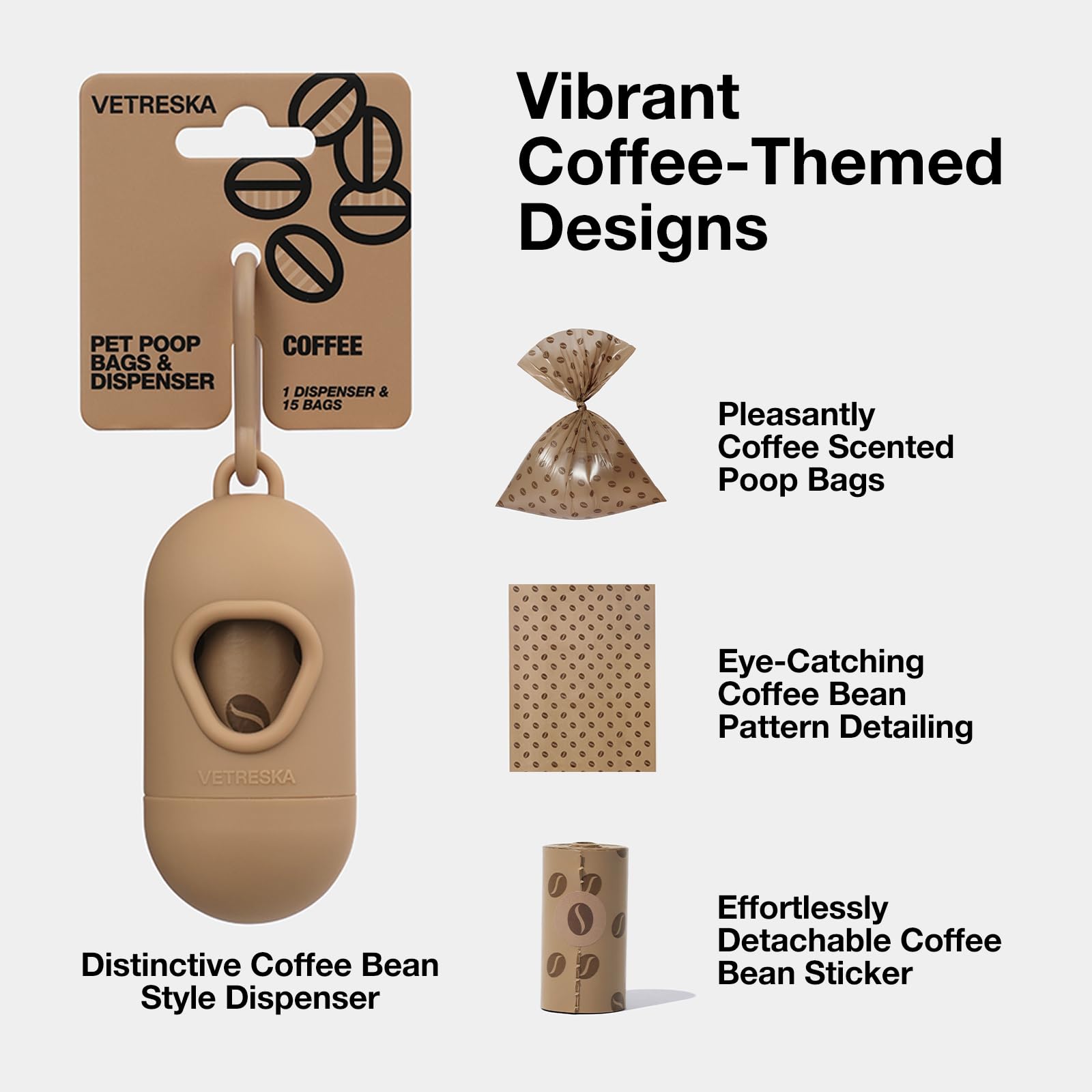 VETRESKA Scented Dog Waste Bag Dispenser with Coffee Aroma - Leak Proof, Extra Thick Pet Waste Bags - 1 Holder & 105 Bags (7 Refill Rolls) for Dogs & Cats - Perfect for Walks, Park Visits & Outdoor Adventures