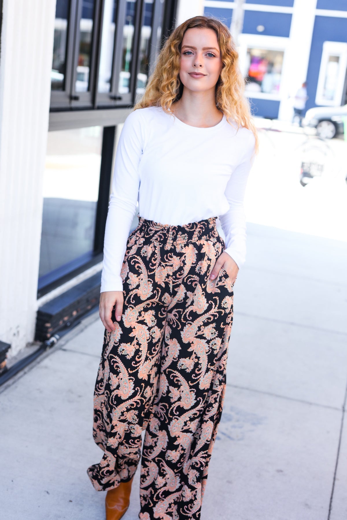 Black Paisley Print Smocked Waist Palazzo Pants for Women - Fall Fashion Wide Leg Trousers with Elastic Waistband | Perfect for Autumn Outfits, Office Wear & Casual Chic Looks