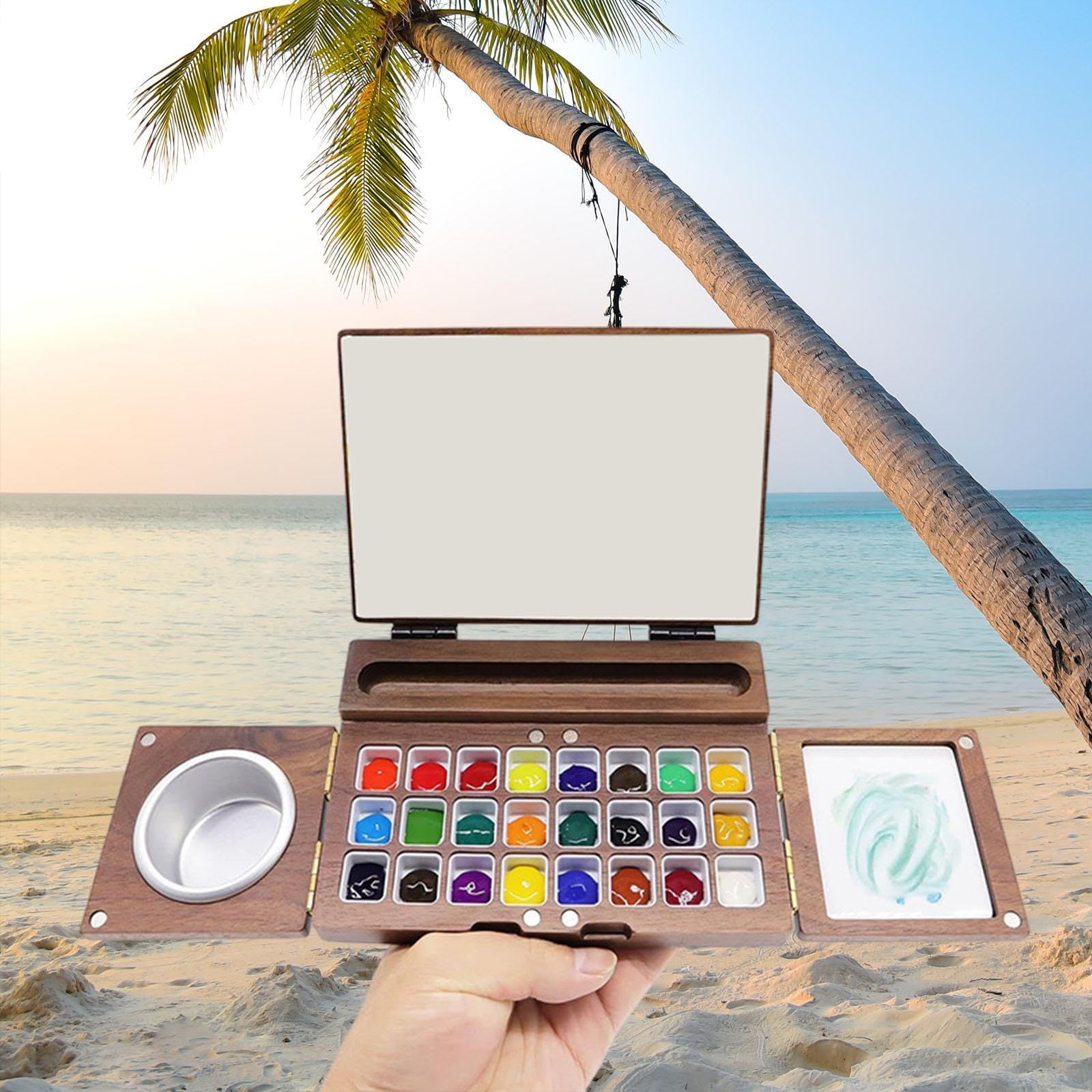 Premium Handmade Wooden Watercolor Paint Box with Mixing Palette - Artist Painting Set for Studio, Travel & Outdoor Sketching