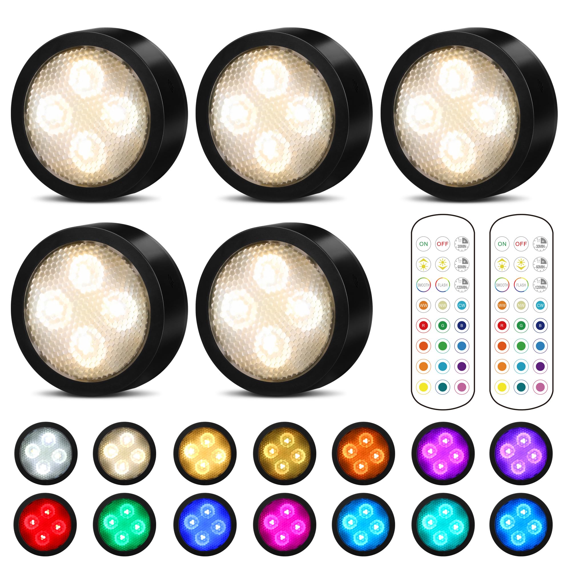 Battery Operated Wireless LED Puck Lights with Remote Control - 5 Pack Stick-On Tap Push Lights, Color Changing Under Cabinet & Counter Lighting for Kitchen, Closets, Shelves (Black) - Perfect for Task Lighting & Home Decor