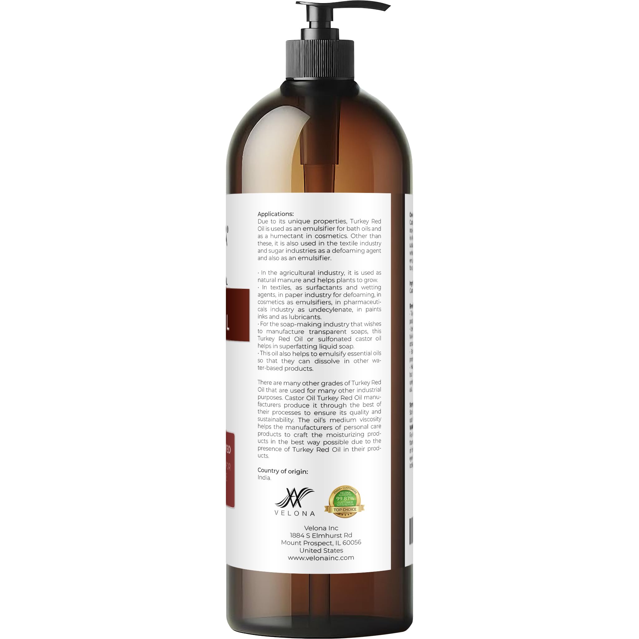 Velona Castor Oil Turkey Red 32 fl oz | 100% Pure Natural Cold Pressed Carrier Oil for Hair Growth, Skin & Body Care | Promotes Thicker Eyelashes & Eyebrows | Perfect for DIY Beauty Recipes & Massage Therapy