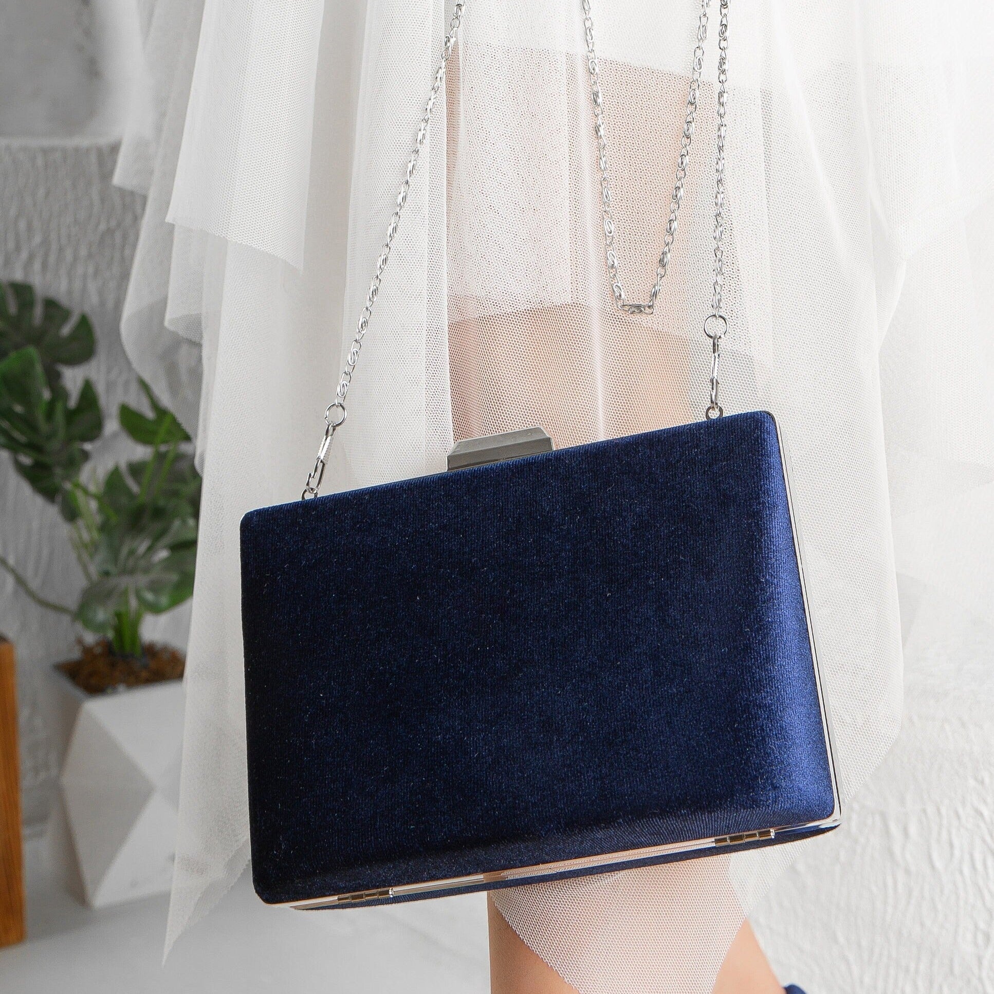 Alba Blue Velvet Clutch Bag for Women - Elegant Evening Purse with Wristlet Strap - Perfect for Parties, Weddings & Special Occasions