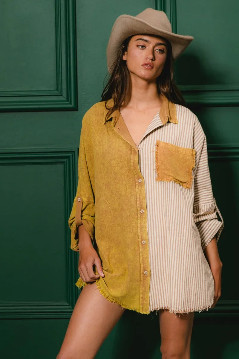 BiBi Washed Raw Hem Shirt - Trendy Distressed Denim Top for Women | Perfect for Casual Outings, Street Style & Layering