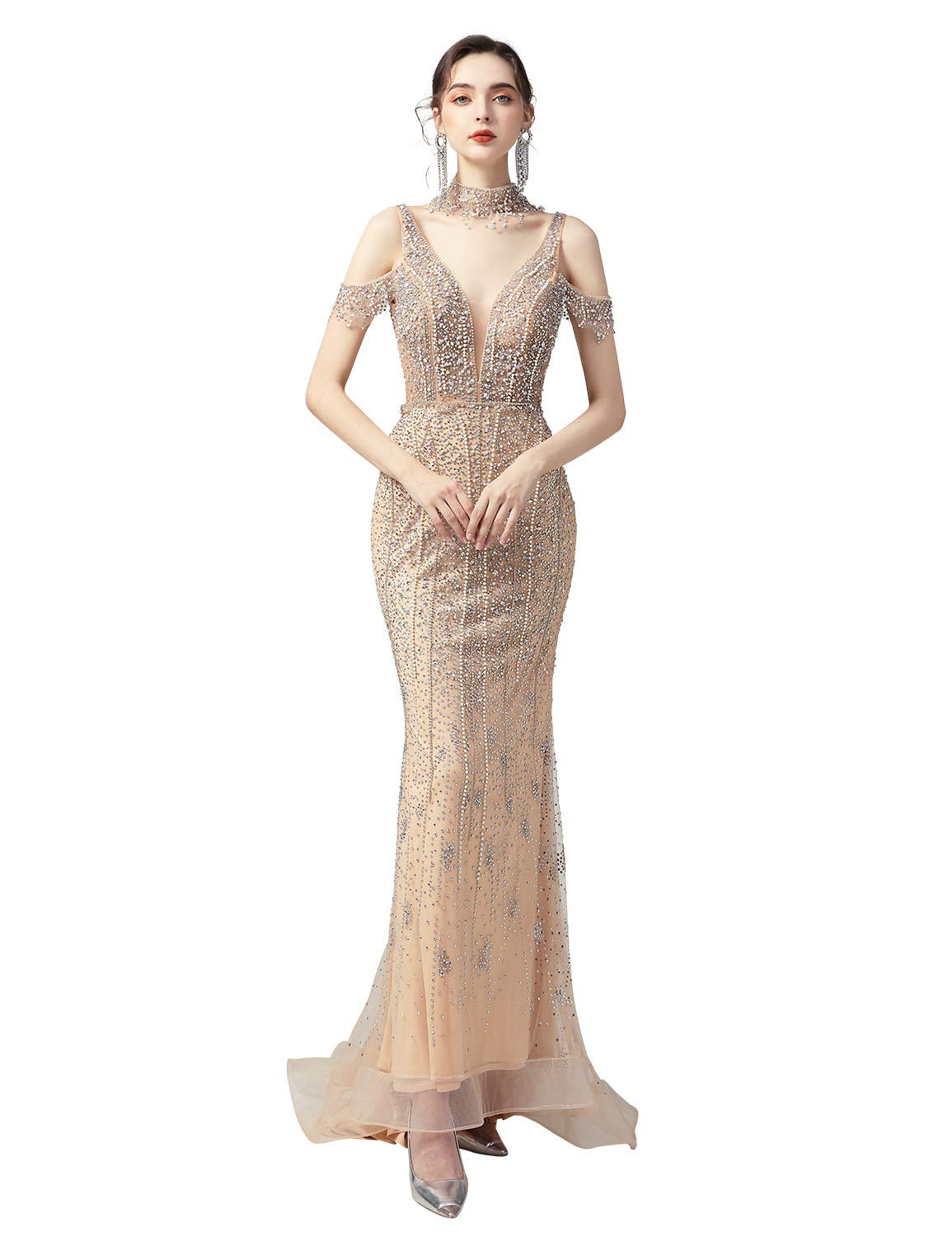 Belle House Women's Halter Mermaid Evening Dress with Beaded Pearls - Sweep Train Formal Gown for Prom, Wedding, Red Carpet & Special Occasions