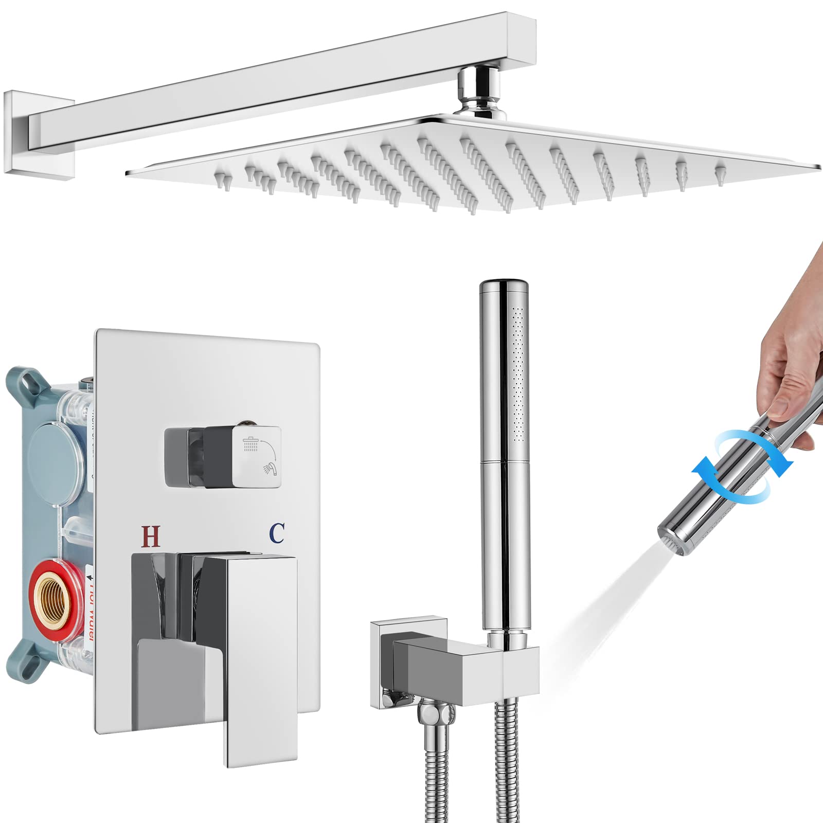 Gotonovo 12 Inch Square Chrome Polished Shower Faucet Set - Wall Mount Rainfall Shower System with 2-in-1 Cylindrical Handheld Shower & Rough-in Valve | Modern Bathroom Upgrade for Spa-Like Experience
