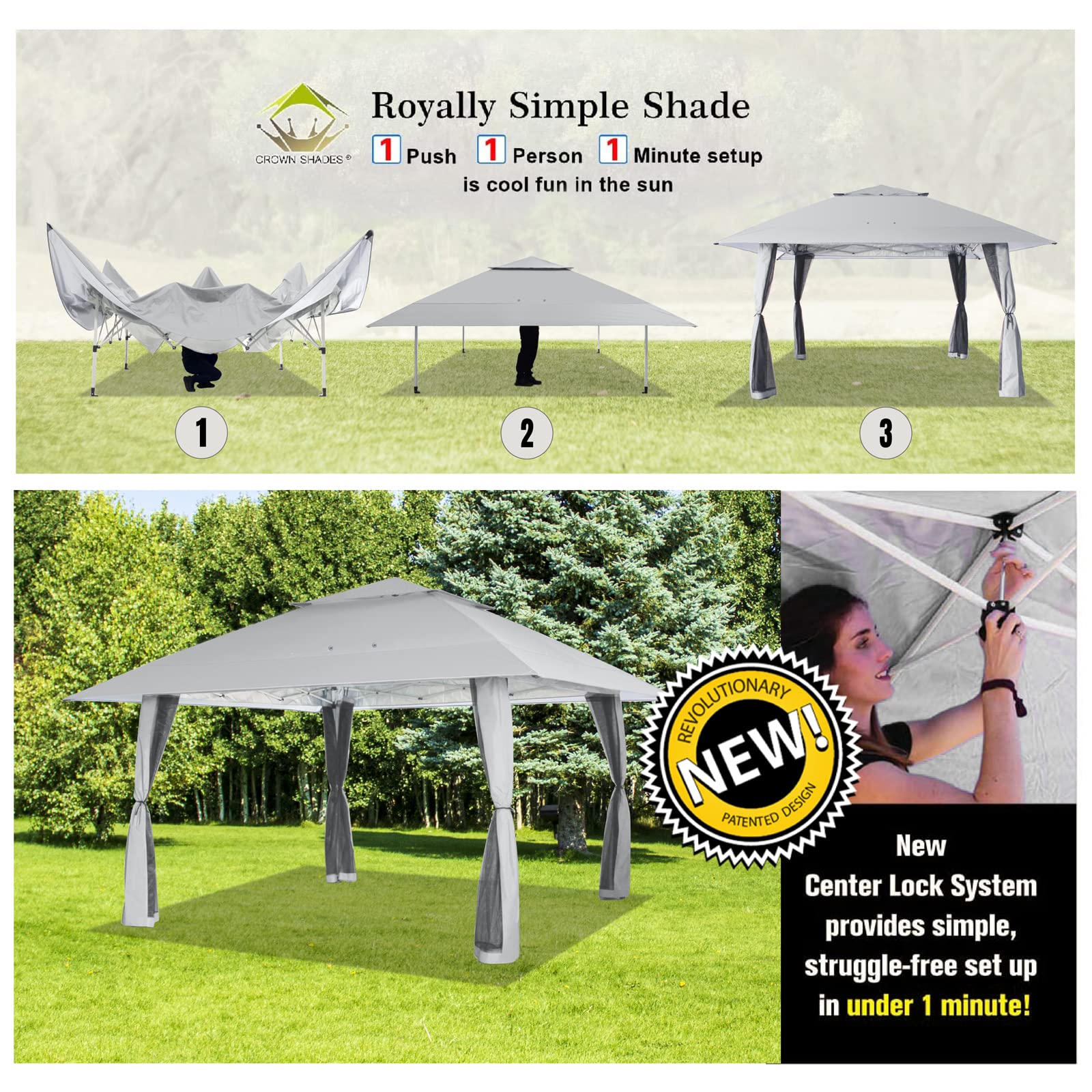 CROWN SHADES 13x13 Pop Up Gazebo Canopy Tent - Waterproof Outdoor Patio Shade Shelter with Wheeled Carry Bag - Perfect for Backyard BBQs, Beach Parties, Camping & Outdoor Events (Grey)