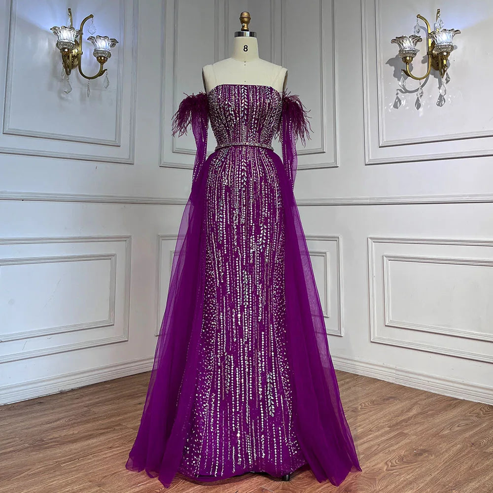 Elegant Lilac Mermaid Evening Dress with Feather Beaded Overskirt & Gloves - Women's Formal Gown for Prom, Wedding, and Special Occasions - LA72029
