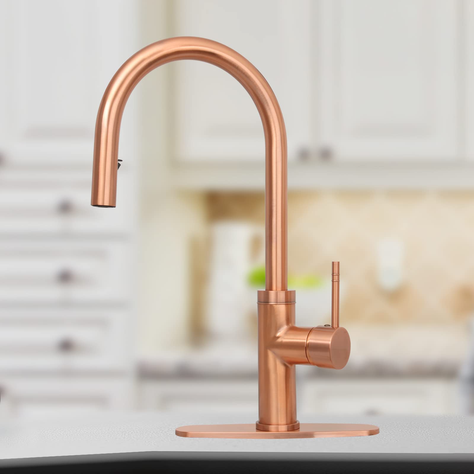 **Solid Brass Pull Out Kitchen Faucet with Deck Plate - Single Handle Pull Down Sprayer Sink Faucet (Copper) - Perfect for Modern Kitchens, Renovations & High-End Homes**