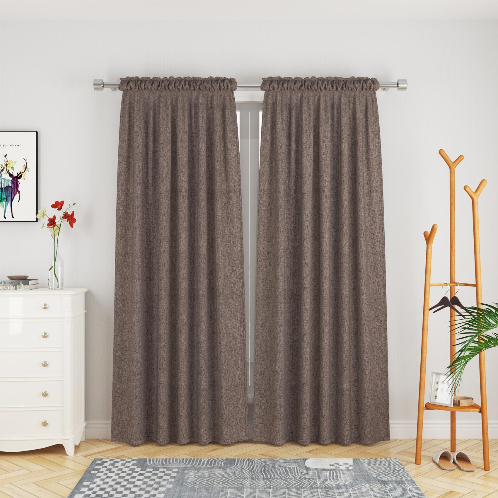 UPOPO Brown Textured Curtains 72 Inch Length - Semi Sheer Rod Pocket Drapes for Living Room, Bedroom, Kitchen & Basement Windows - Light Filtering Privacy Window Treatment (Set of 2 Panels) | Perfect for Home Decor, Room Darkening & Sun Protection
