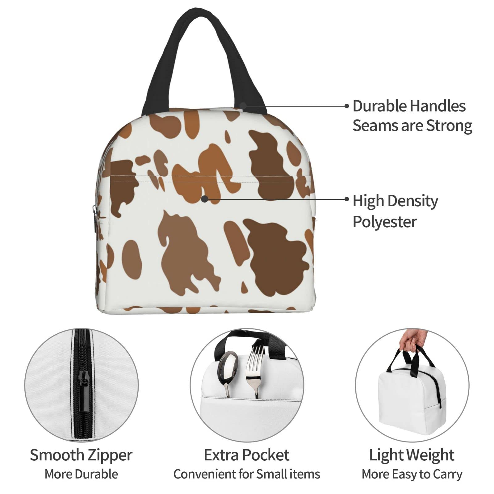 Insulated Lunch Box with Brown Cow Pattern - Reusable & Portable Meal Container for Men & Women - Perfect for Work, Travel, Picnic & Outdoor Activities