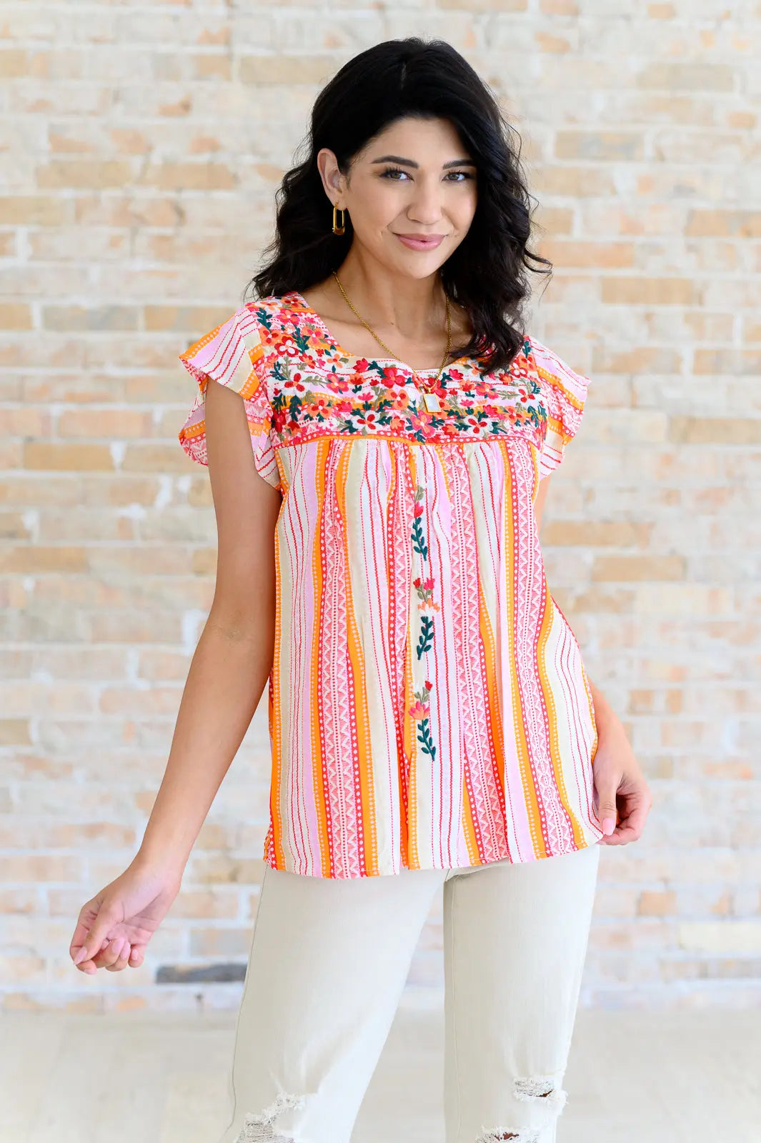 Orange Blossom Flutter Sleeve Blouse for Women - Flowy Boho Summer Top with Ruffle Details | Perfect for Beach Vacations, Date Nights & Outdoor Brunch