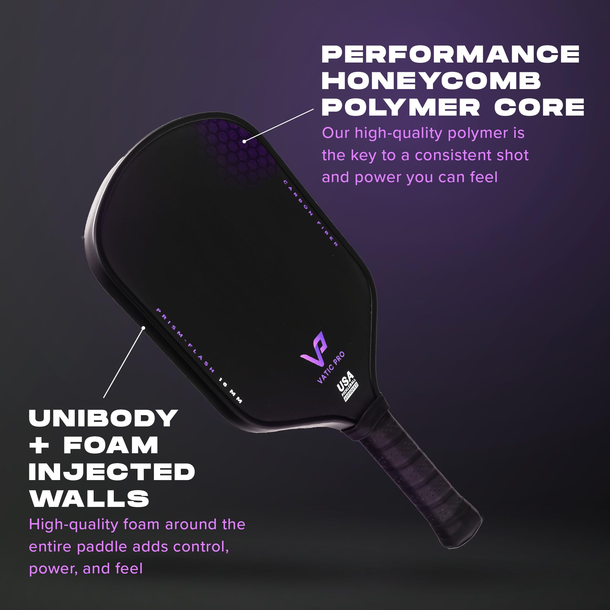 Vatic Pro Prism Carbon Fiber 16mm Pickleball Paddle - Lightweight Foam Injected Walls for Power & Control - Includes Paddle Cover - Perfect for Tournament Play & Outdoor Games
