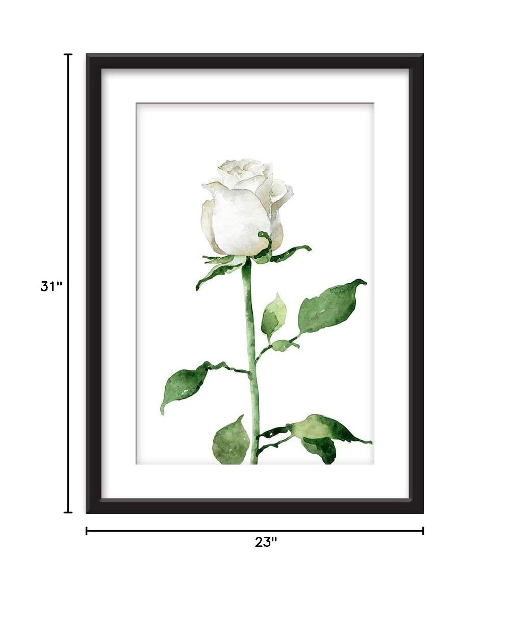 Wall26 - Framed Wall Art Print - Hand Drawn White Rose Floral Painting in Black Picture Frame with White Mat - 23x31 Inches - Perfect for Living Room, Bedroom & Office Decor