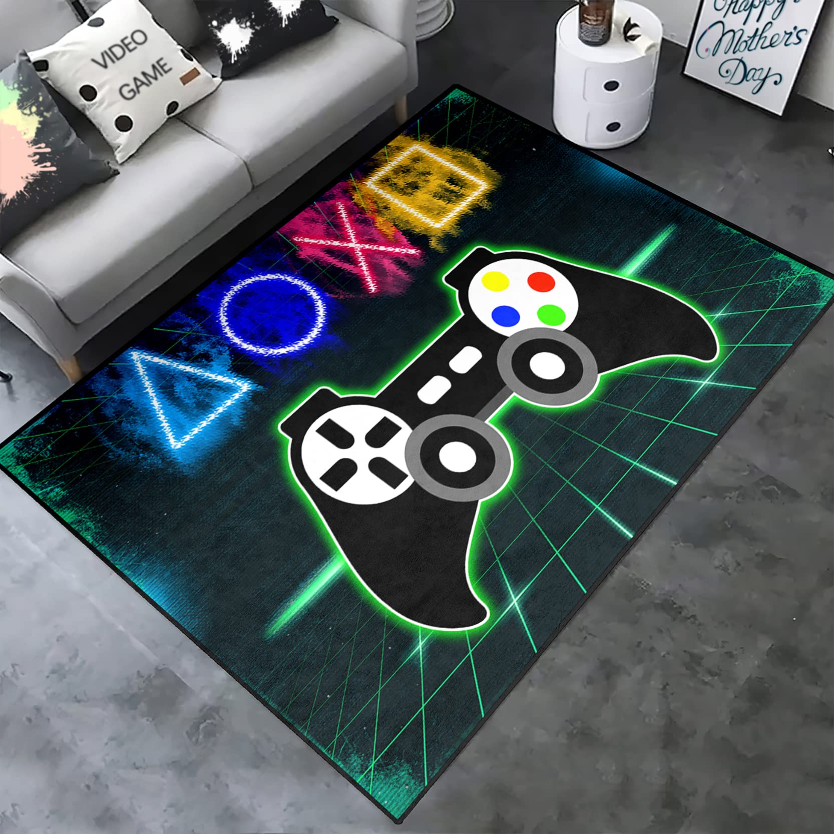 70'' x 55'' Colorful Gamer Rug - Video Game Themed Doormat & Playroom Floor Mat for Boys, Game Room Decor, Living Room & Dining Room Area Rug - Perfect for Gaming Setups & Teen Bedrooms