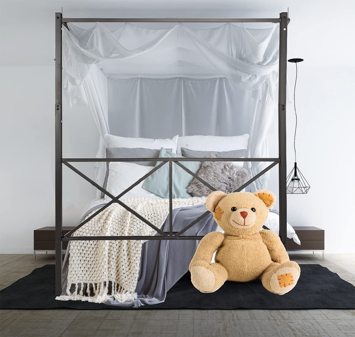 Queen Size Metal Canopy Bed Frame - No Box Spring Needed, Sturdy X-Shaped Design for Bedroom & Guest Room Decor