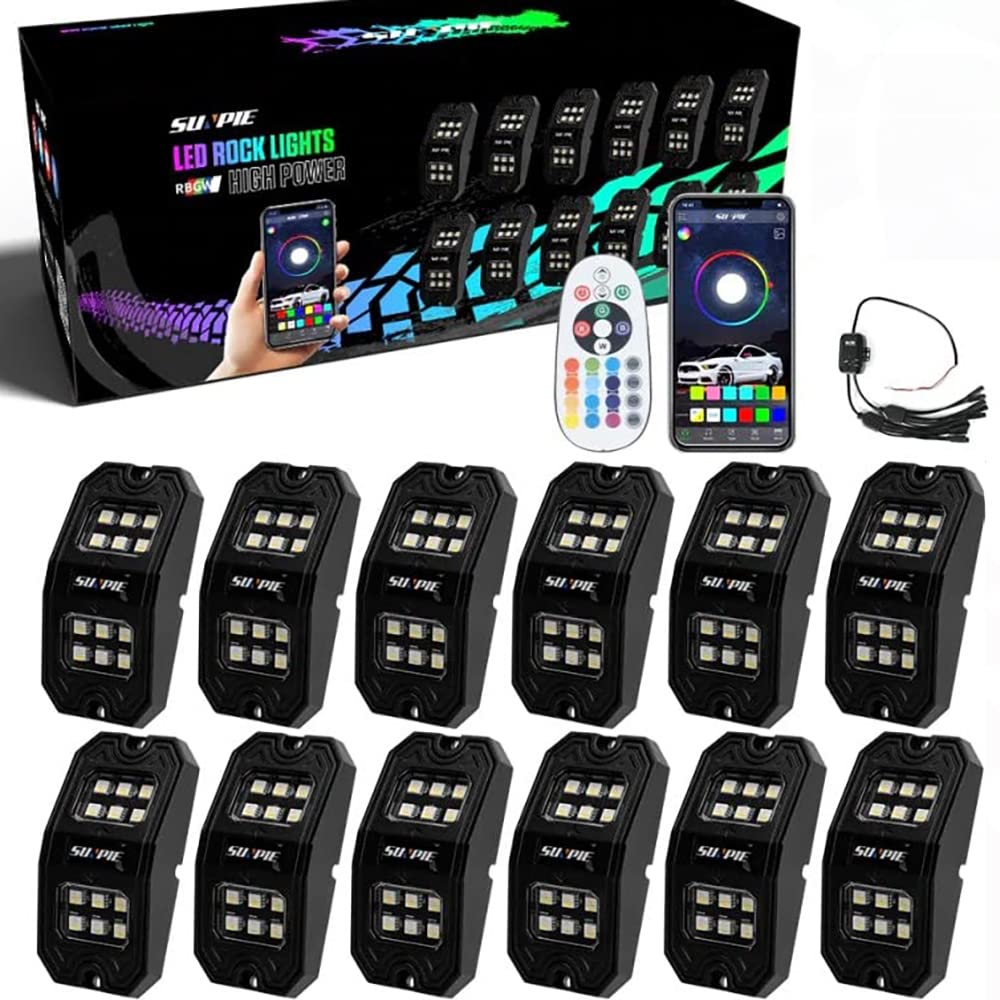 SUNPIE 12 Pods Upgraded 210° Wide Angle RGBW Rock Lights - App & Voice Control, Music Sync, Auto Mode for Off-Road Trucks, SUVs, ATVs, UTVs & Boats | Perfect for Night Rides, Car Shows & Off-Road Adventures