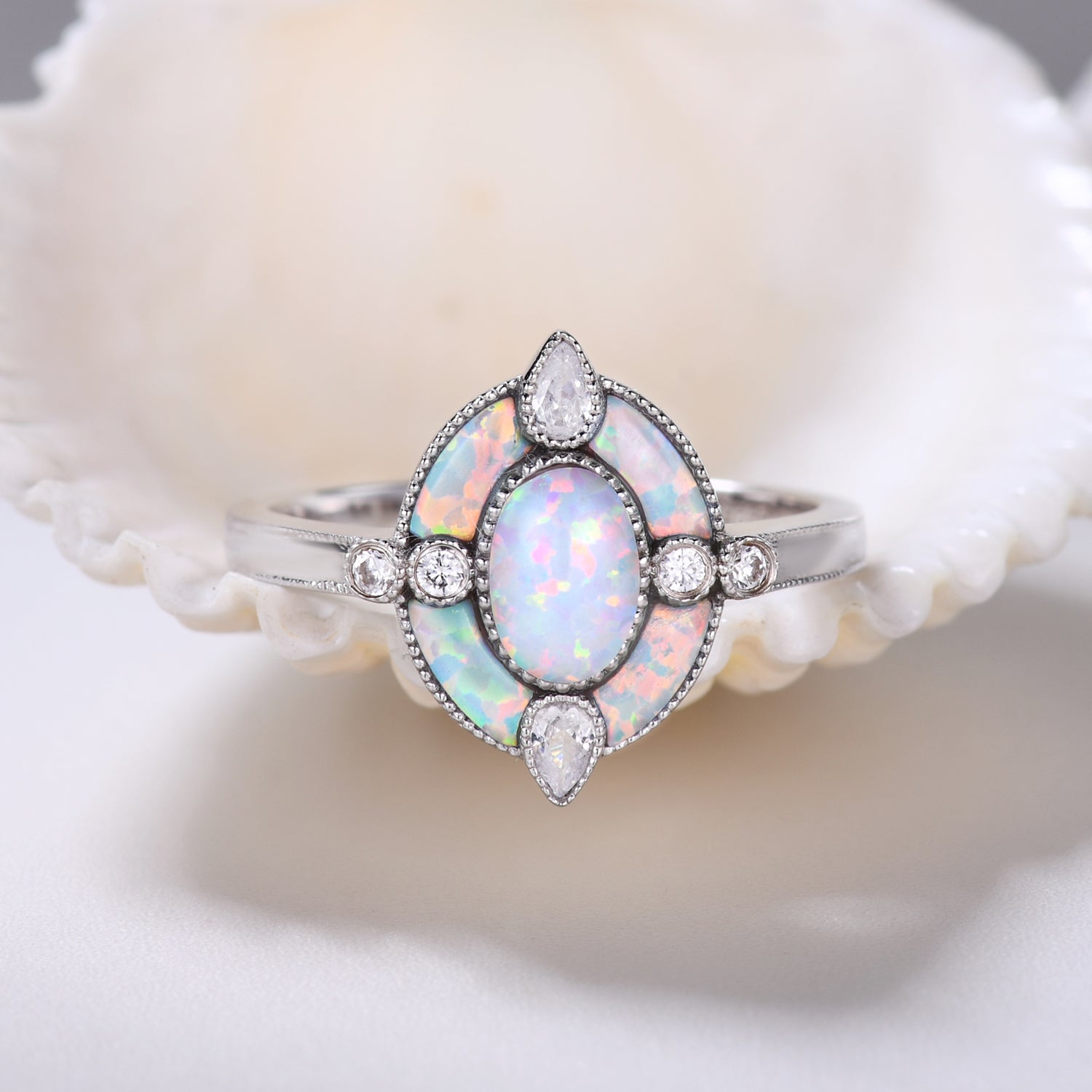 Antique White Opal Halo Engagement Ring - Vintage Oval Cut Cocktail Ring with October Birthstone - Perfect for Proposals, Anniversaries & Special Occasions