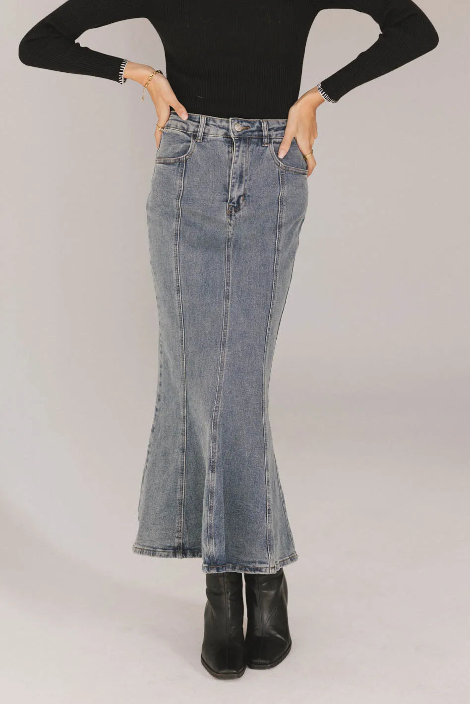 Azzy Denim Mermaid Skirt for Women - High Waisted Stretchy Bodycon Maxi Skirt - Vintage Blue Denim Fashion (Final Sale) | Perfect for Parties, Date Nights & Summer Outfits