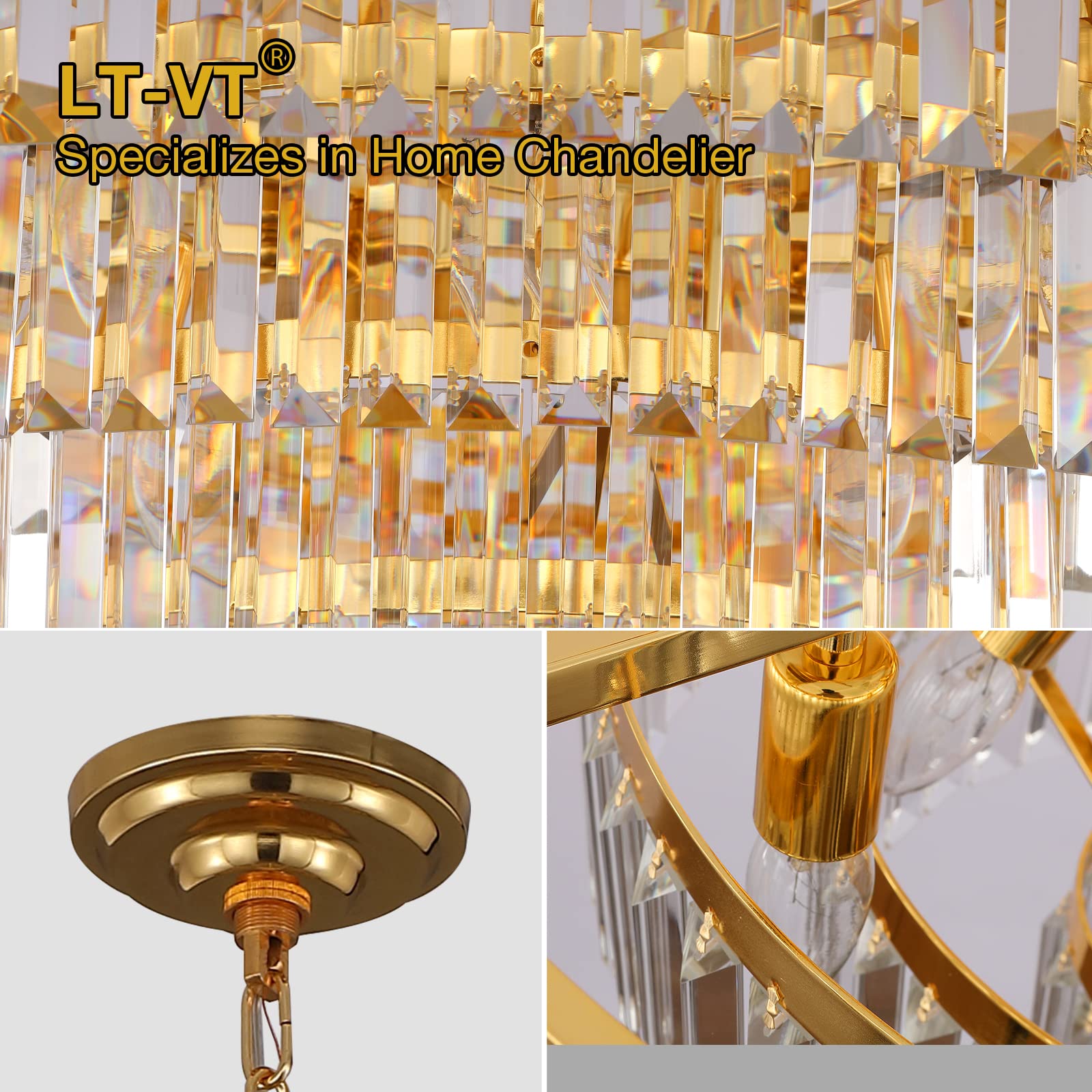 Modern Gold Crystal Chandelier - 5-Tier Round Pendant Ceiling Light Fixture (24 Inch, Golden Orange) for Dining Room, Living Room, Bedroom & Entryway - Elegant Lighting for Home Decor & Special Occasions