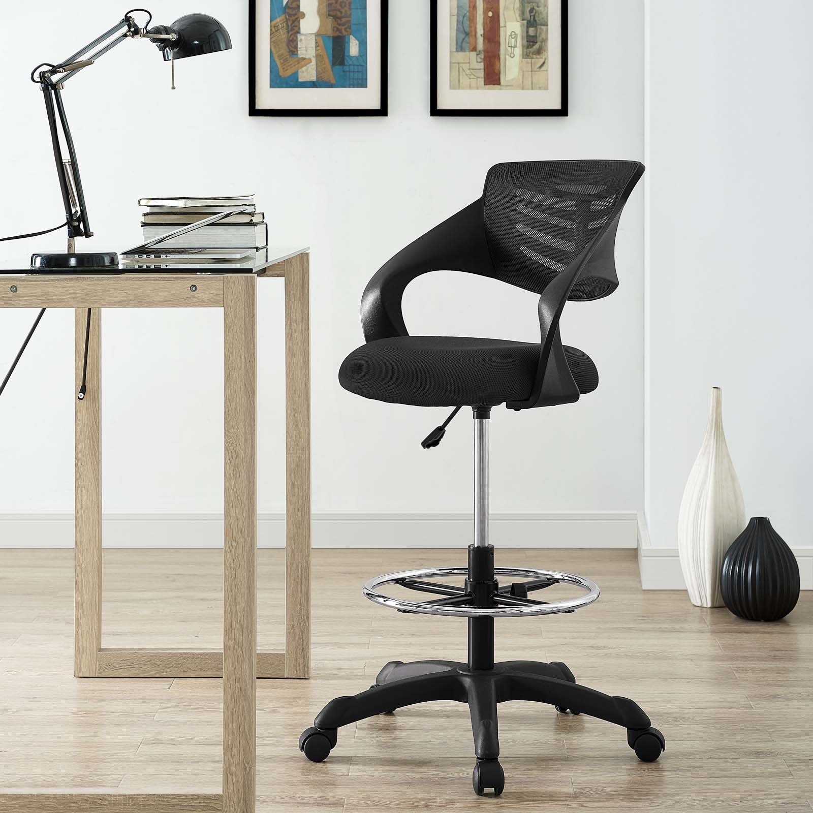 Modway Thrive Adjustable Drafting Chair - Ergonomic Tall Office Chair for Standing Desks, Black - Perfect for Architects, Artists & Home Office Workspaces
