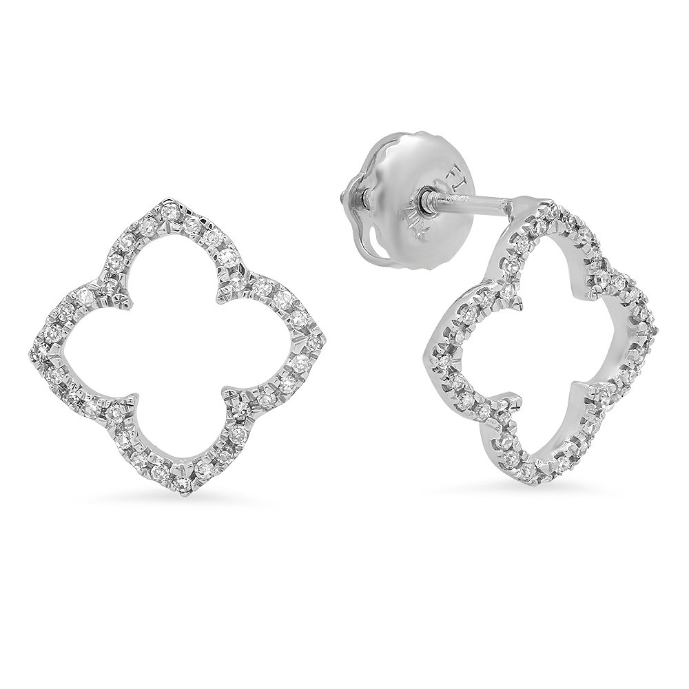 Dazzlingrock 14K White Gold 0.1ct Round Diamond Clover Flower Stud Earrings for Women - Perfect for Weddings, Anniversaries & Gift Giving