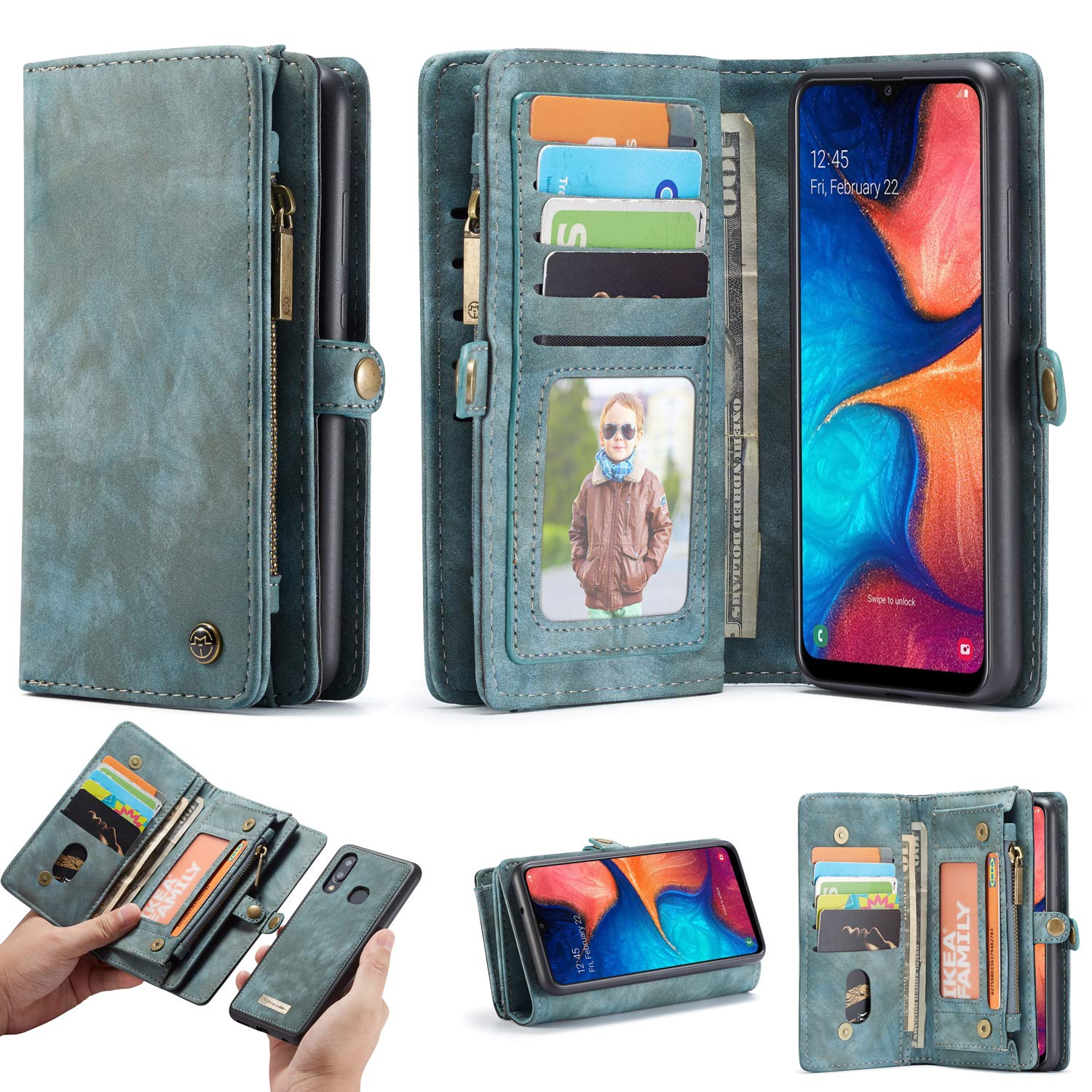 Samsung A20 A30 Leather Wallet Case with Zipper Purse, Detachable Card Slots & Magnetic Wrist Strap - Shockproof Flip Cover for Phone Protection - Perfect for Travel, Work & Daily Use (Blue, A20)
