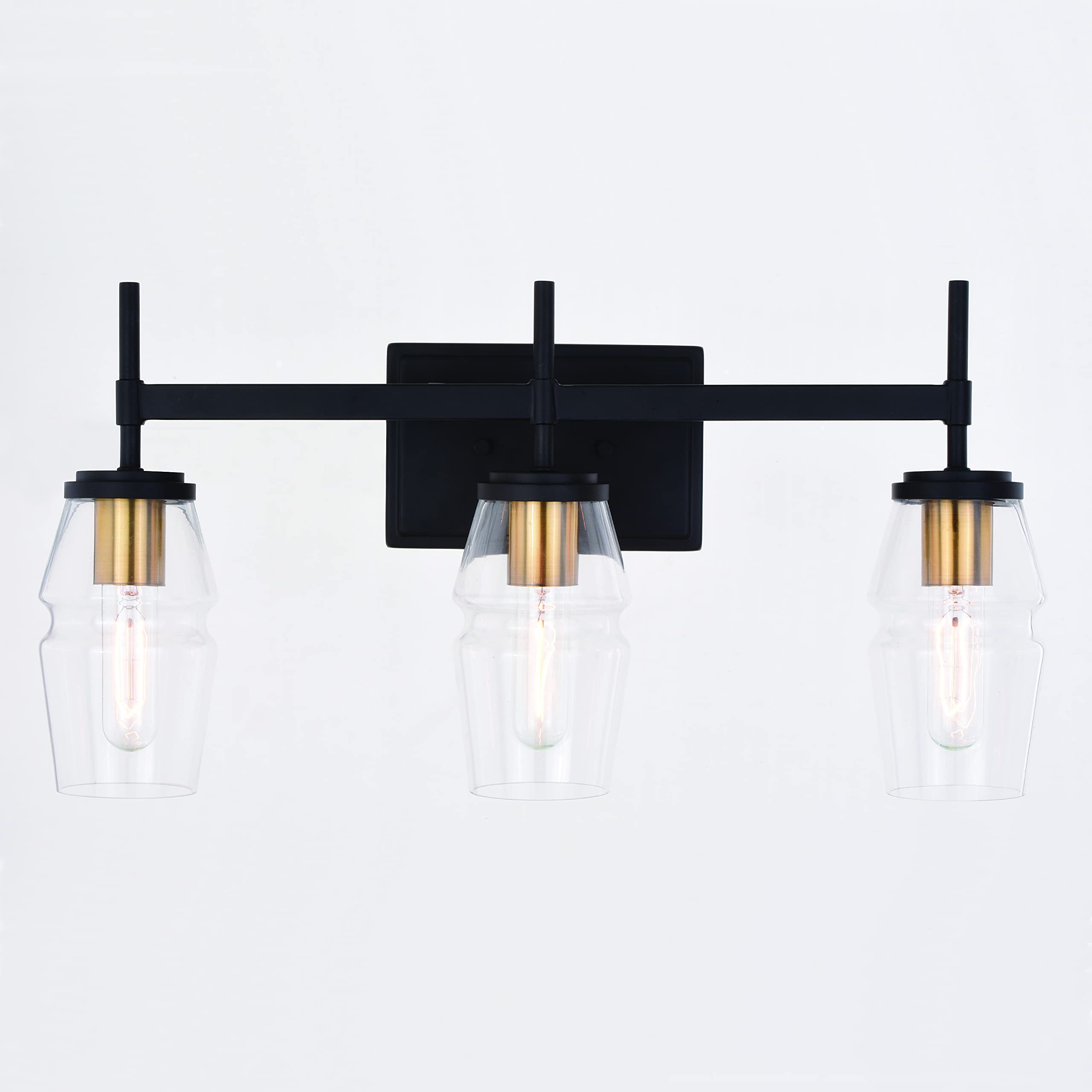3-Light Black and Brass Mid Century Modern Bathroom Vanity Wall Sconce with Clear Glass Shades - Perfect for Vintage Style Bathrooms, Powder Rooms and Spa Retreats