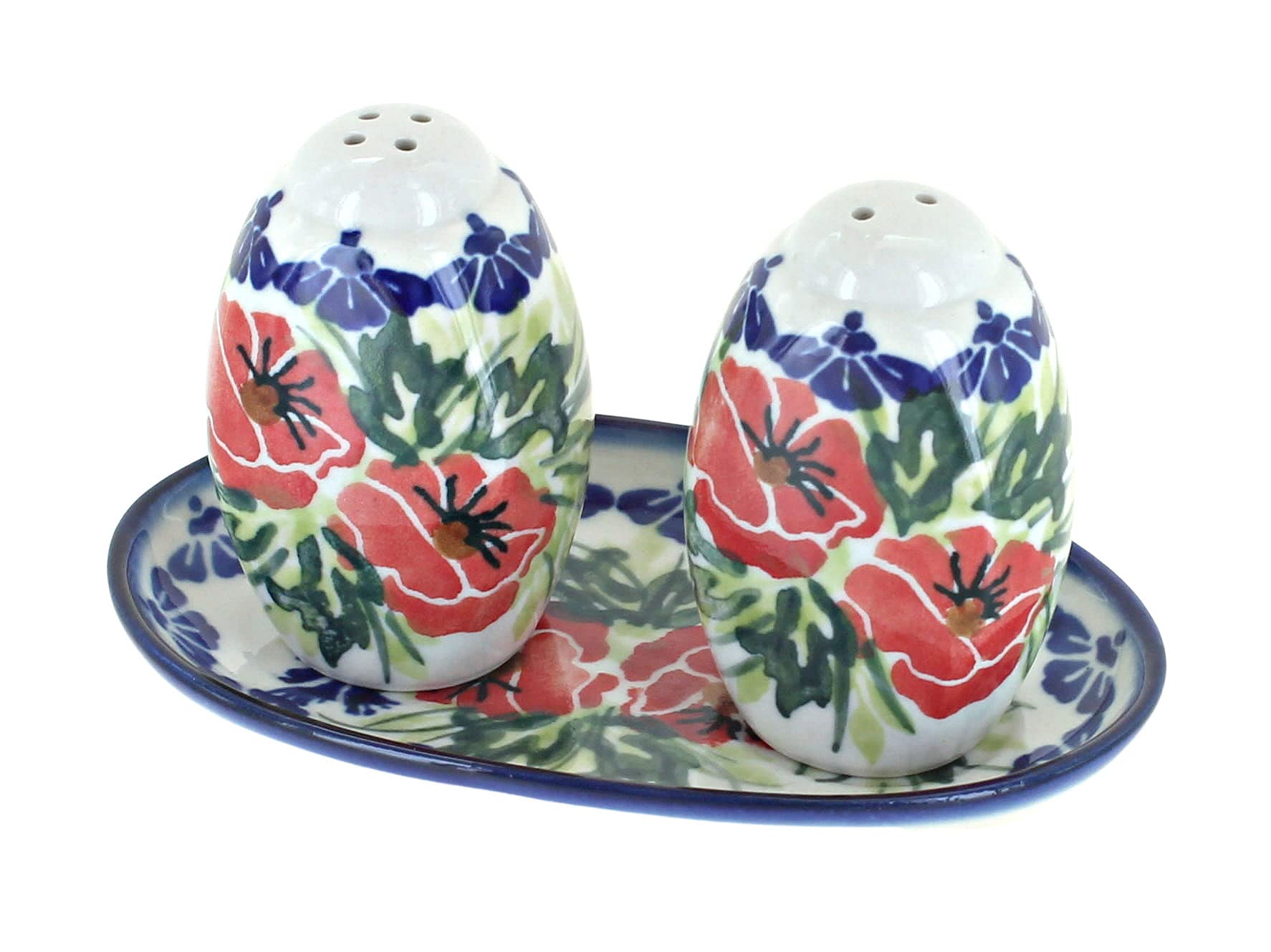 Blue Rose Polish Pottery Cherry Red Bouquet Salt and Pepper Shakers Set - Handmade Ceramic Spice Shakers for Kitchen, Dining Table, and Gift Giving