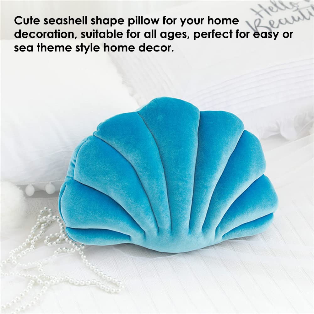 Velvet Seashell Decorative Throw Pillow - Blue Small (12.8x10 inches) for Bed, Couch & Home Office - Soft Shell-Shaped Accent Pillow for Coastal, Beach House & Nautical Decor