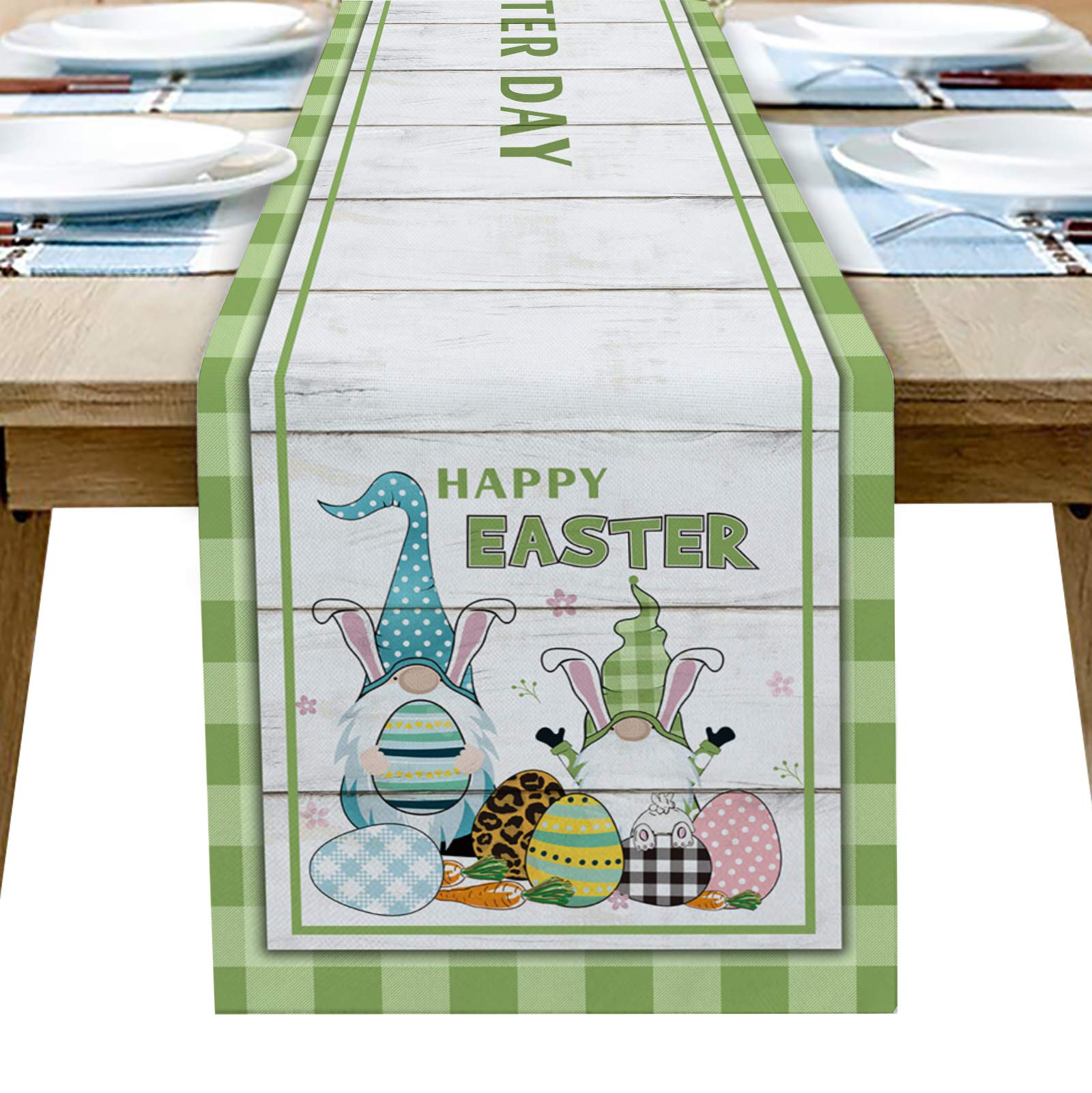 Lansemy Happy Easter Burlap Table Runner - 14x72 Inch Linen Table Scarf for Dining Room, Coffee Table, Wedding & Party Decor - Gnome, Rabbit & Easter Egg Design on Green Woodland Theme - Perfect for Spring Celebrations, Easter Brunch, and Holiday Table Settings