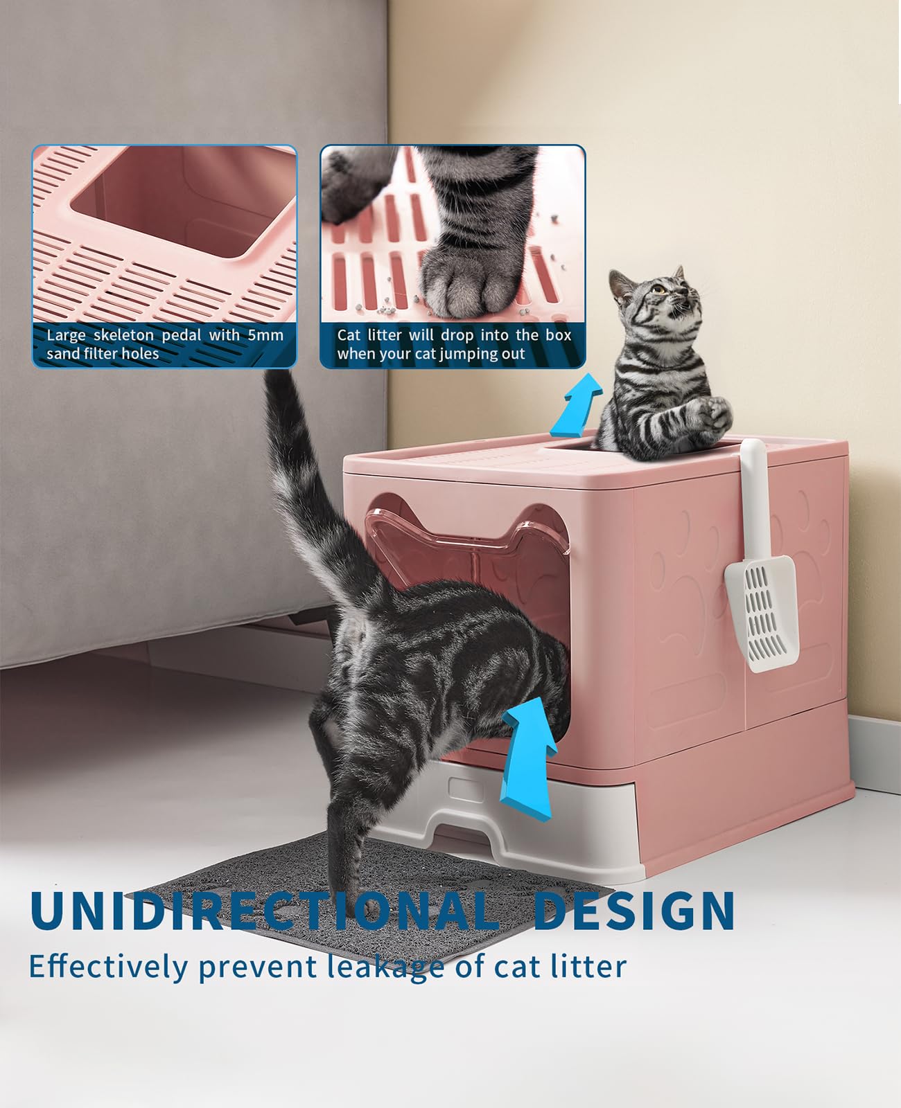 Foldable Cat Litter Box with Lid - Large Covered Litter Box with Scoop & Litter Mat - Odor Control & Easy Clean Front Entry Top Exit Kitty Litter Box (Pink) - Perfect for Small Spaces & Multi-Cat Homes