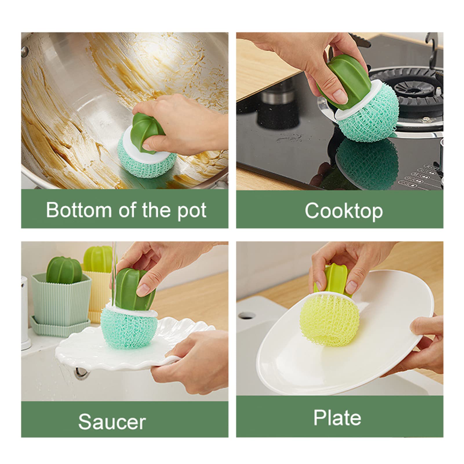 Cactus-Shaped Cleaning Brush for Pots & Pans - Durable Wire Ball Scrubber with Sponge Holder - Yellow Kitchen Sink Dishwashing Brush for Easy Cleaning | Perfect for Non-Stick Cookware & Stainless Steel Sinks