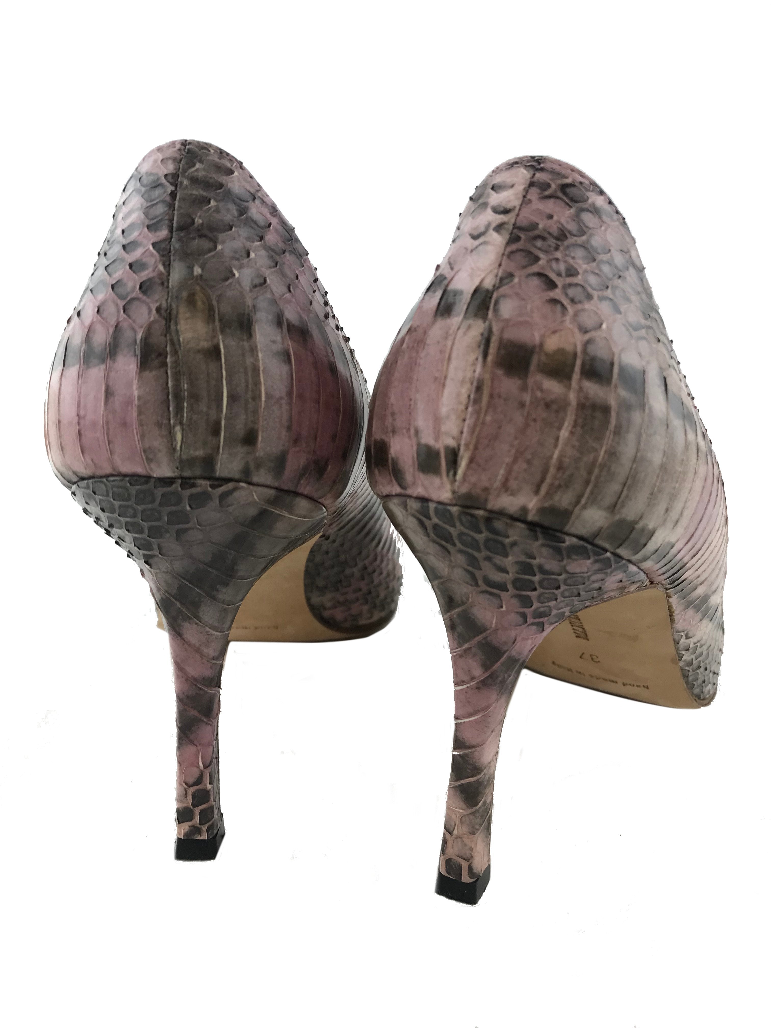 Manolo Blahnik Python Leather Peep-Toe High Heel Pumps Women's Size 7 - Elegant Evening Shoes for Parties, Weddings & Special Occasions