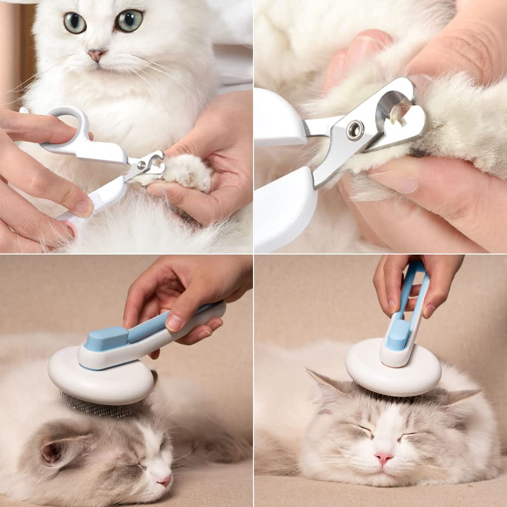 Marchul Self Cleaning Cat Brush - Slicker Brush for Removing Loose Undercoat & Pet Hair - Massaging Grooming Brush for Long & Short Hair Cats & Dogs - Includes Pet Nail Clippers (Blue) - Perfect for Daily Grooming & Shedding Control at Home