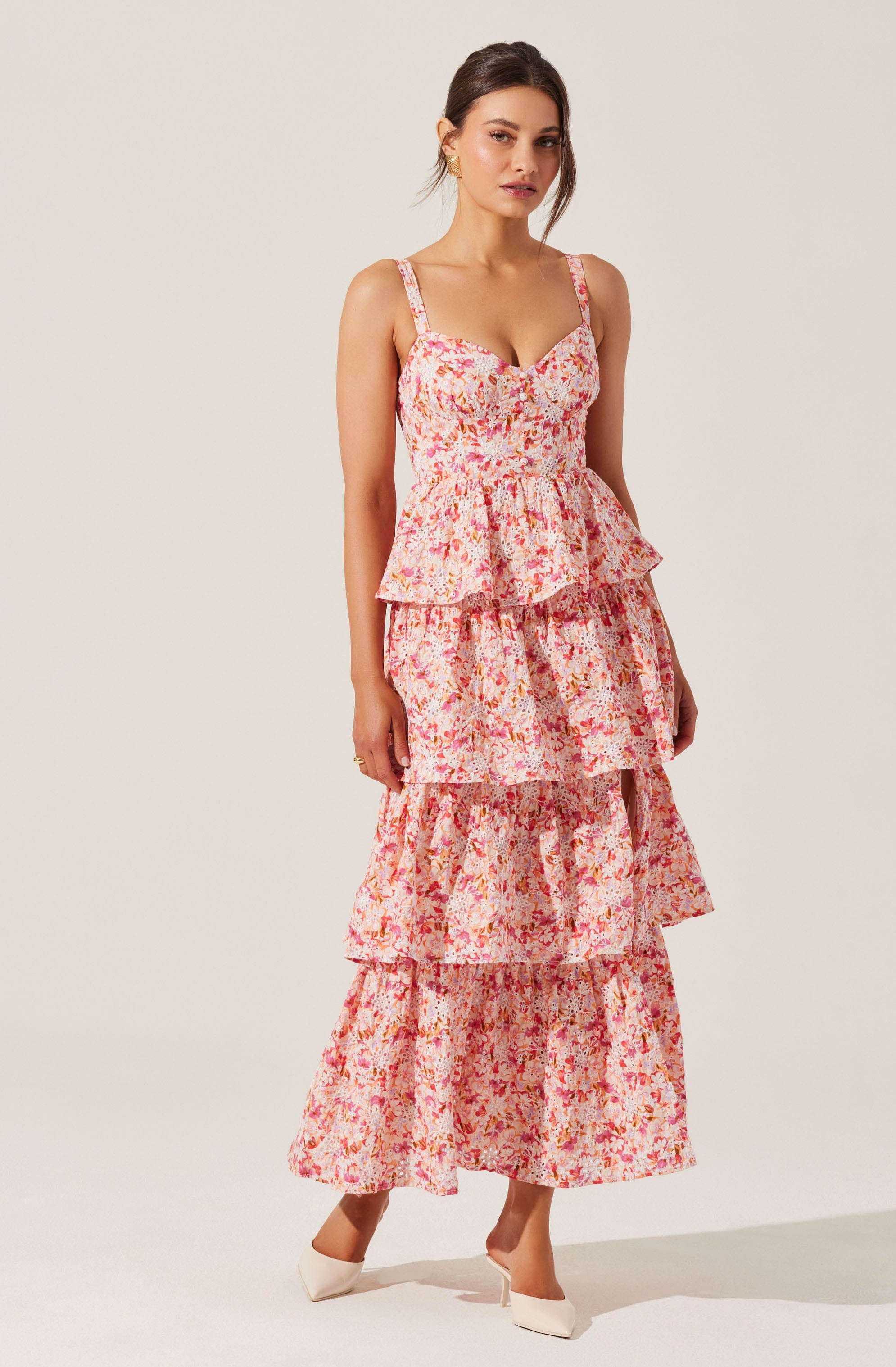 Floral Eyelet Tiered Maxi Dress for Women - Summer Boho Beach Dress with Ruffles & Lace Trim - Perfect for Vacations, Weddings & Outdoor Parties