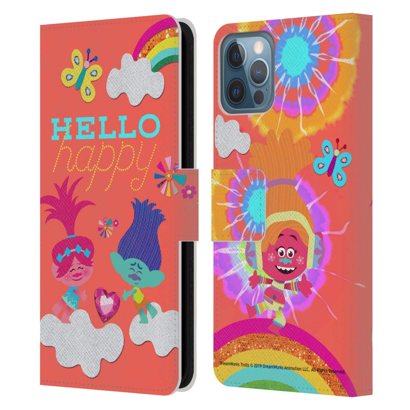 Official Trolls Poppy & Branch Rainbow Leather Wallet Case for iPhone 12/12 Pro - Book Style Phone Cover with Card Slots, Perfect for Fans, Daily Use & Gift Giving