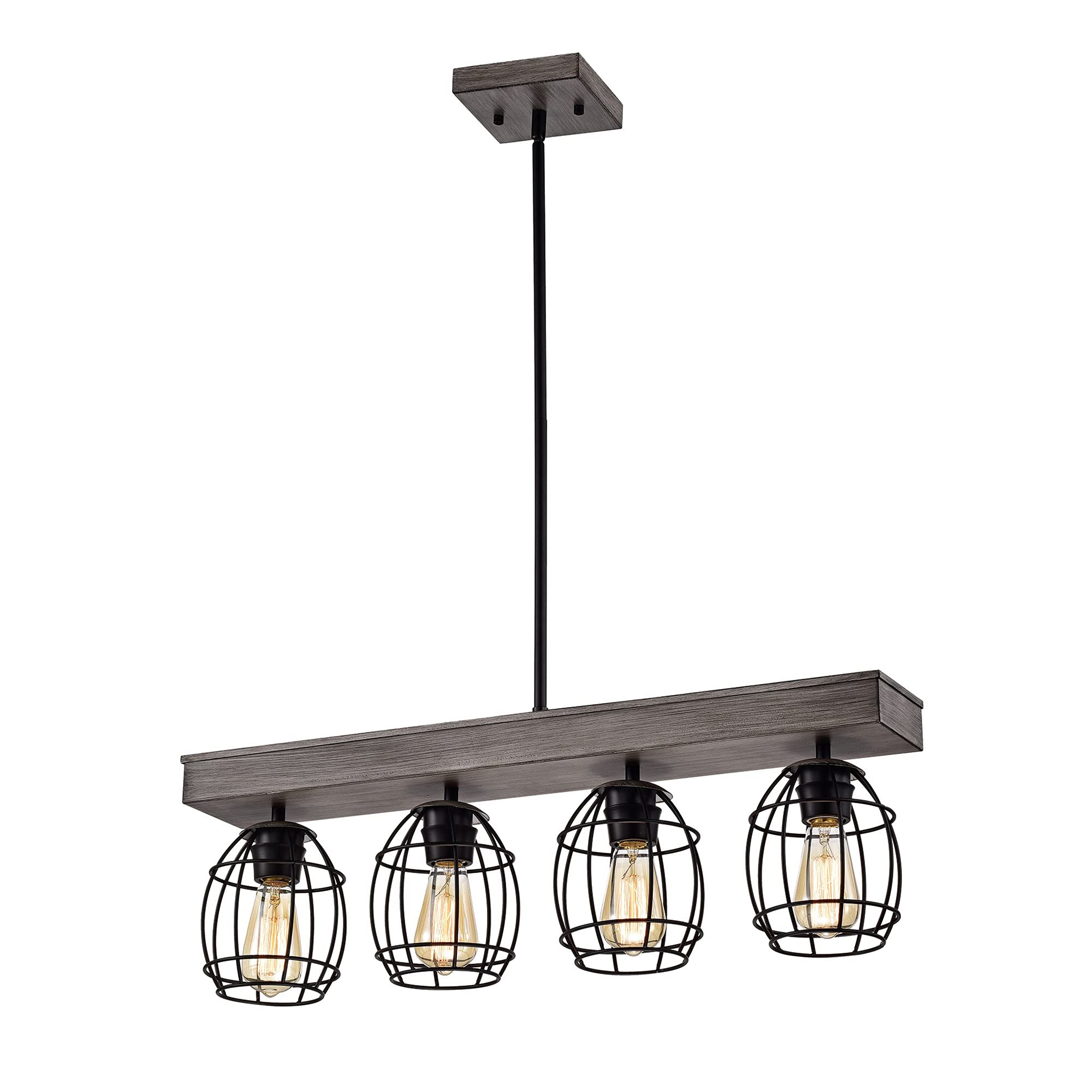 Modern Farmhouse Linear Kitchen Island Pendant Light - 4-Light Black & Wood Chandelier with Cage Design for Kitchen, Dining Room & Breakfast Nook | Rustic Industrial Lighting Fixture for Home Decor