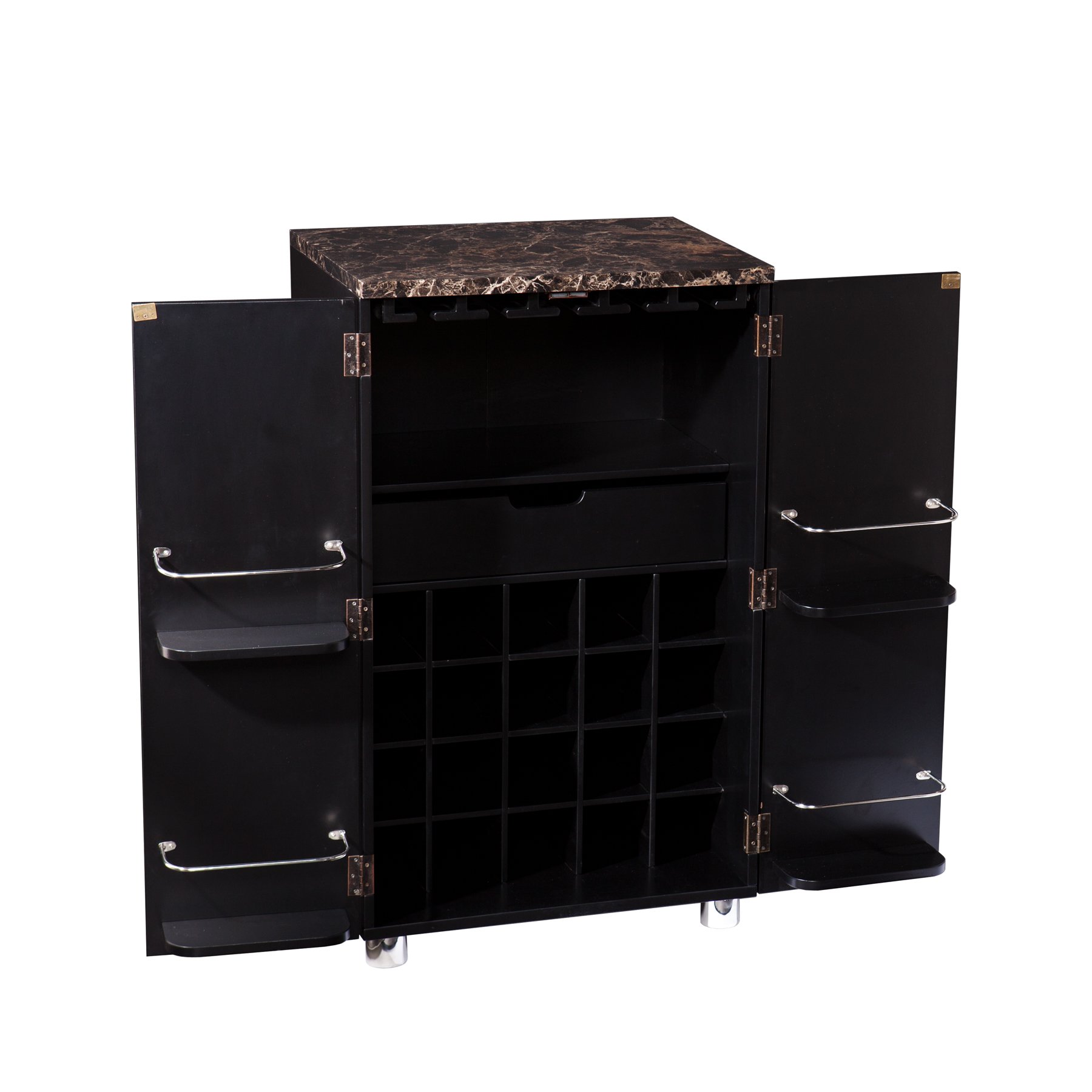 SEI Furniture Cape Town Contemporary Bar Cabinet - Wine & Liquor Storage with Faux Marble Countertop, Black Finish - Perfect for Home Bars, Dining Rooms & Entertaining Spaces