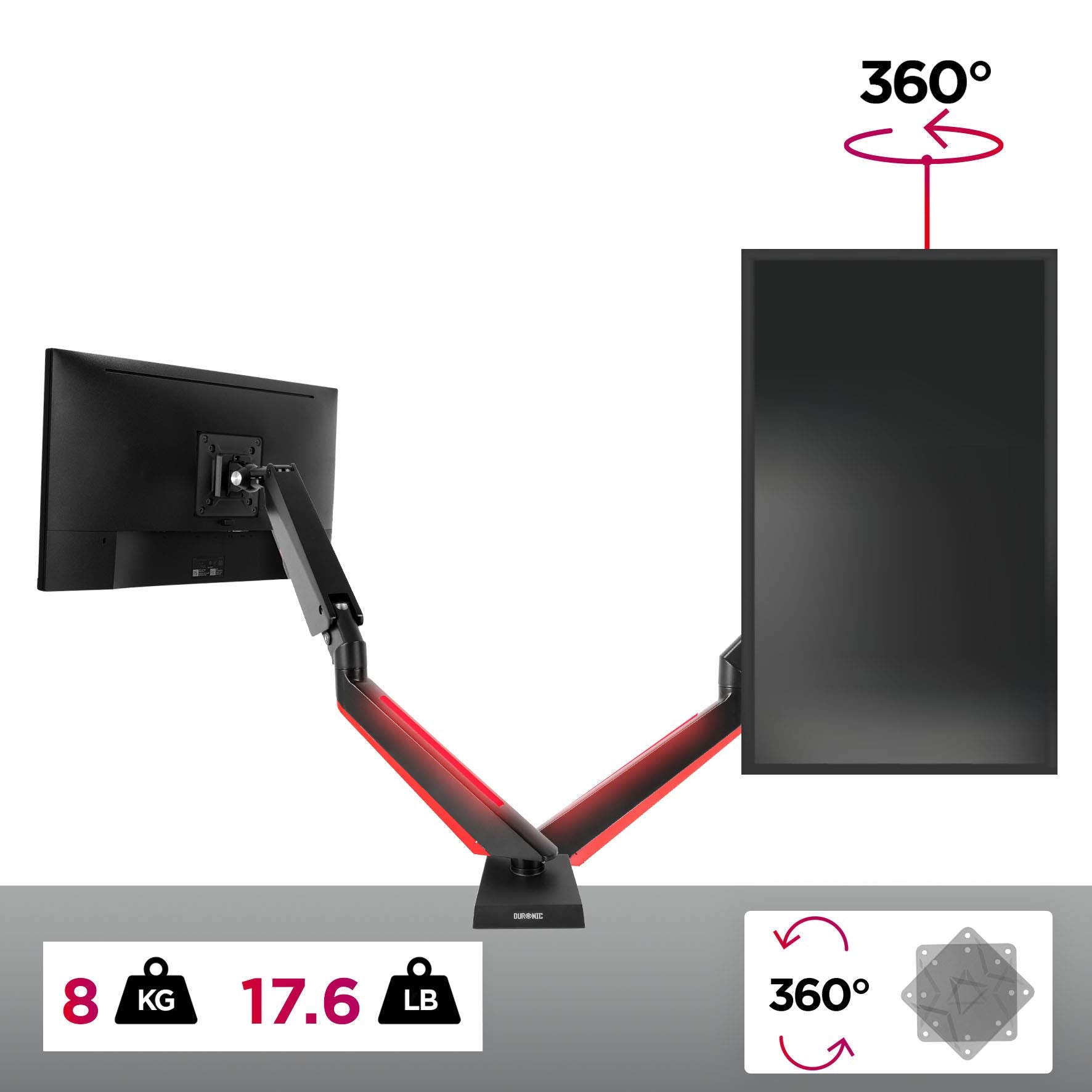 Duronic DMGM5X1 Single Monitor Arm Stand - Adjustable Height LED Desk Mount for 15-32 Inch Screens | VESA 75/100 | 8kg Capacity | 360° Rotation & Tilt | Perfect for Home Office, Gaming & Workstation Setup