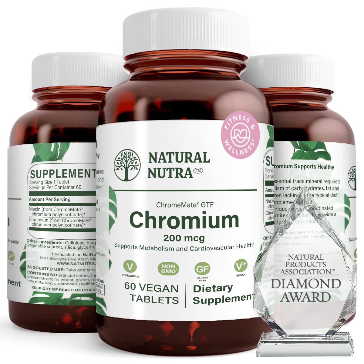Natural Nutra GTF Chromium Polynicotinate with ChromeMate 200mcg - 60 Vegan Tablets for Metabolism Support, Cardiovascular & Overall Health | Ideal for Diabetics & Weight Management