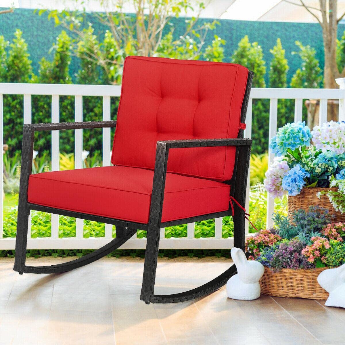 Patio Rattan Rocker Chair - Outdoor Glider Wicker Rocking Chair with Red Cushion - Comfortable Mikalo Chair for Porch, Garden, and Camping Relaxation
