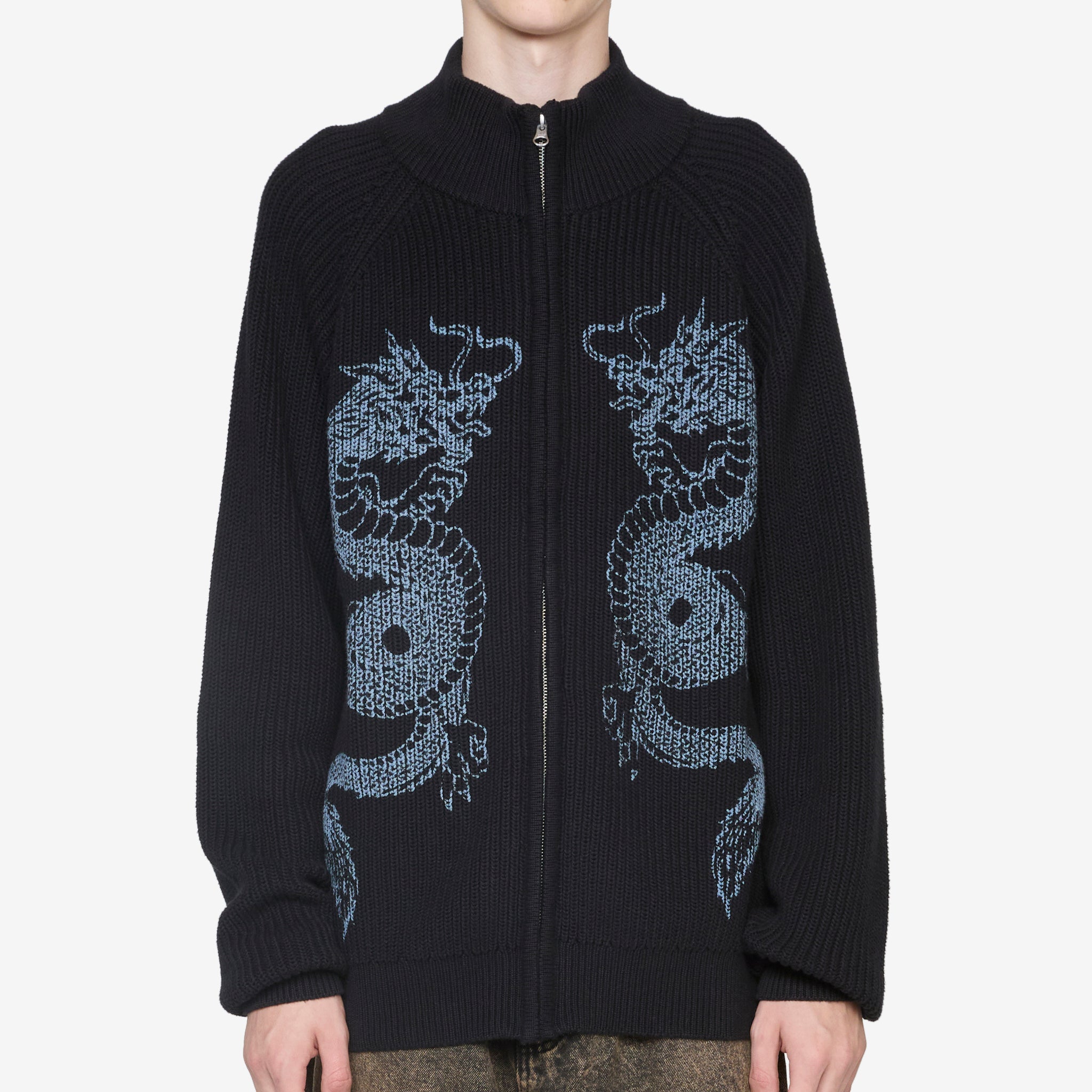 Dragon Zip Thru Knit Sweater for Men & Women - Black Pullover Hoodie with Full Zipper - Cozy Winter Fashion for Casual Wear & Outdoor Activities