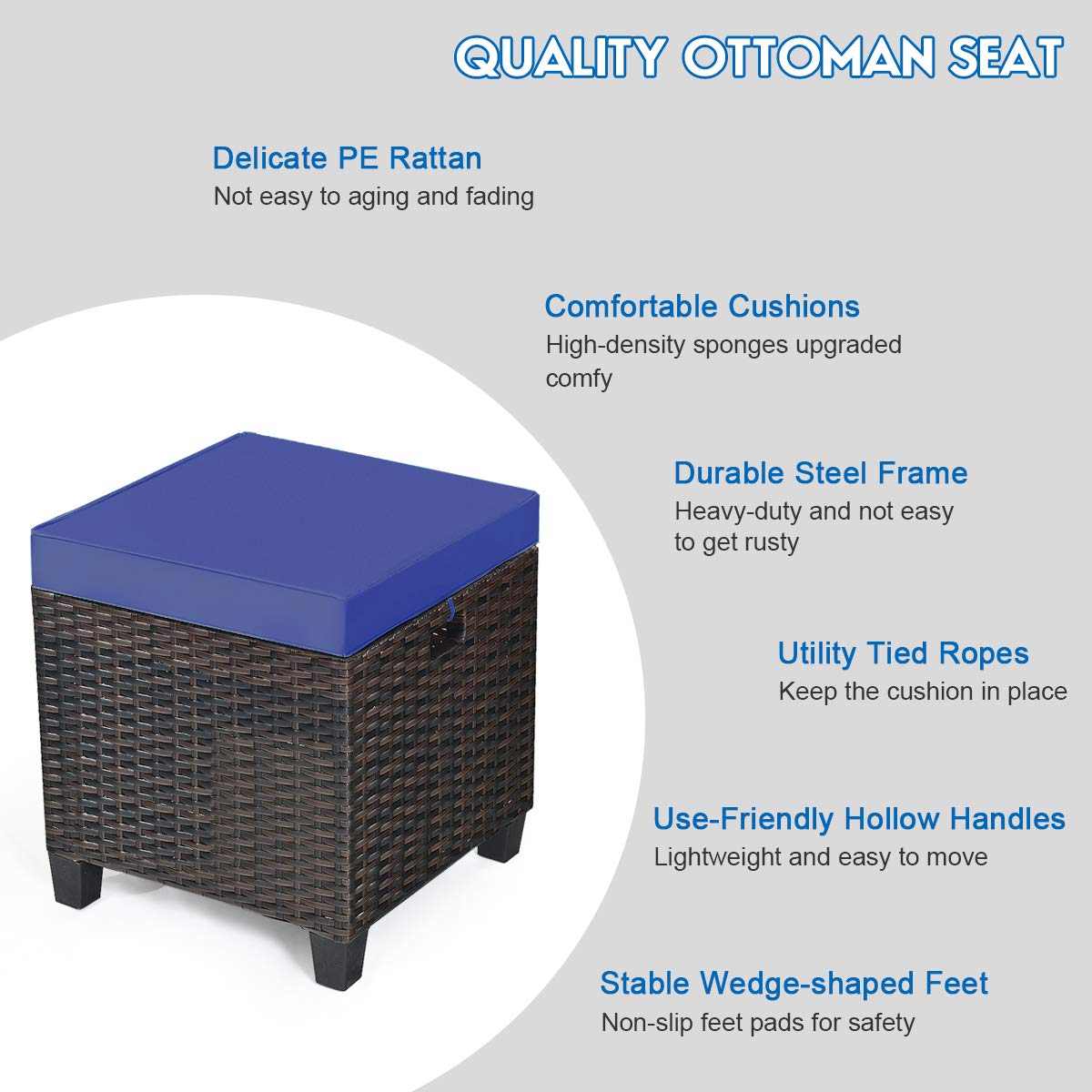 2PCS Rattan Wicker Ottoman Set with Removable Cushions - Patio Footstool Footrest Seat for Outdoor Living, Garden, Backyard & Home Decor (Navy) - Perfect for Relaxing, Entertaining & Adding Boho Style to Your Space