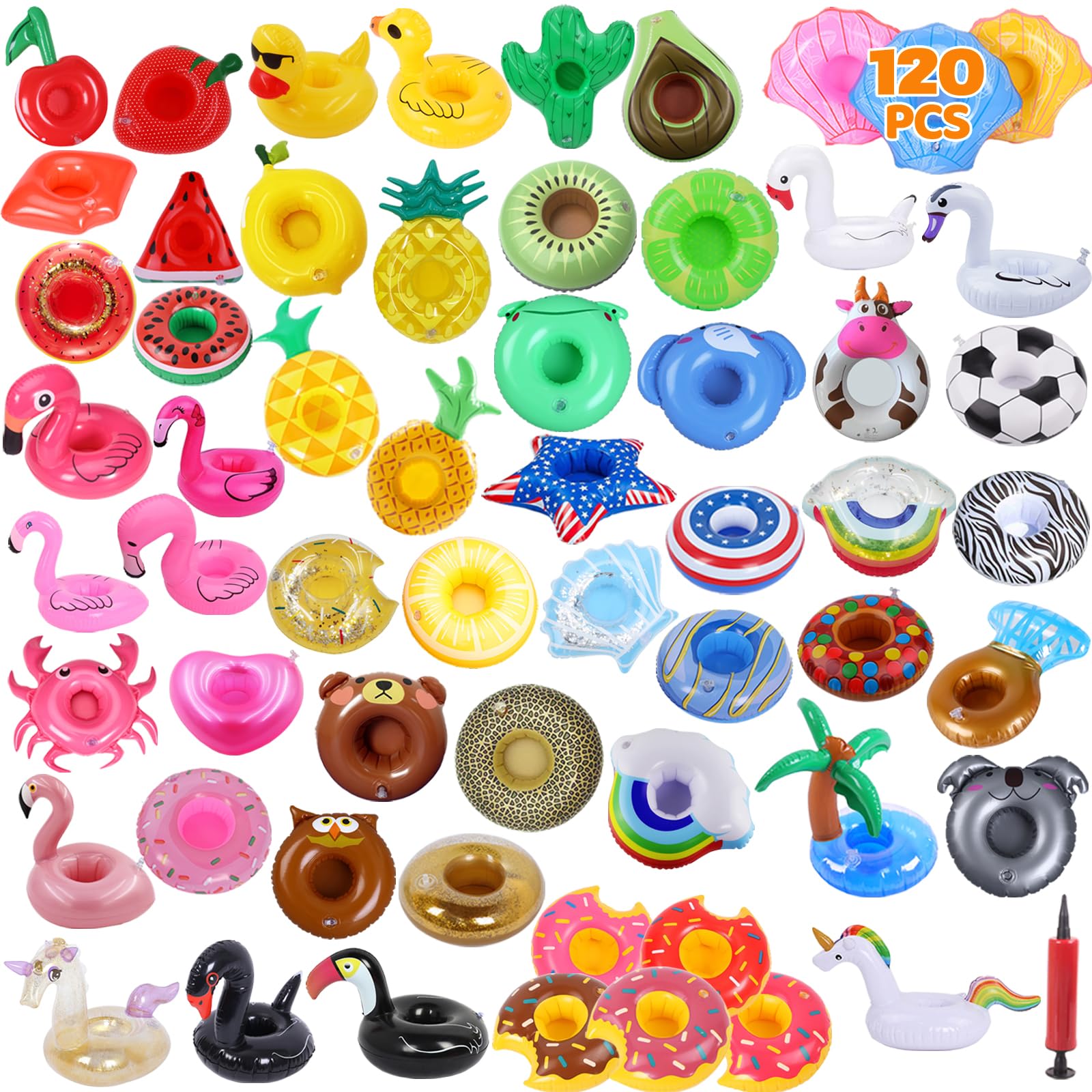 120 Pcs Inflatable Drink Holders Bulk - Pool Cup Floats with Pump for Swimming Pool Party, Beach, Summer BBQ & Outdoor Events - LanMa