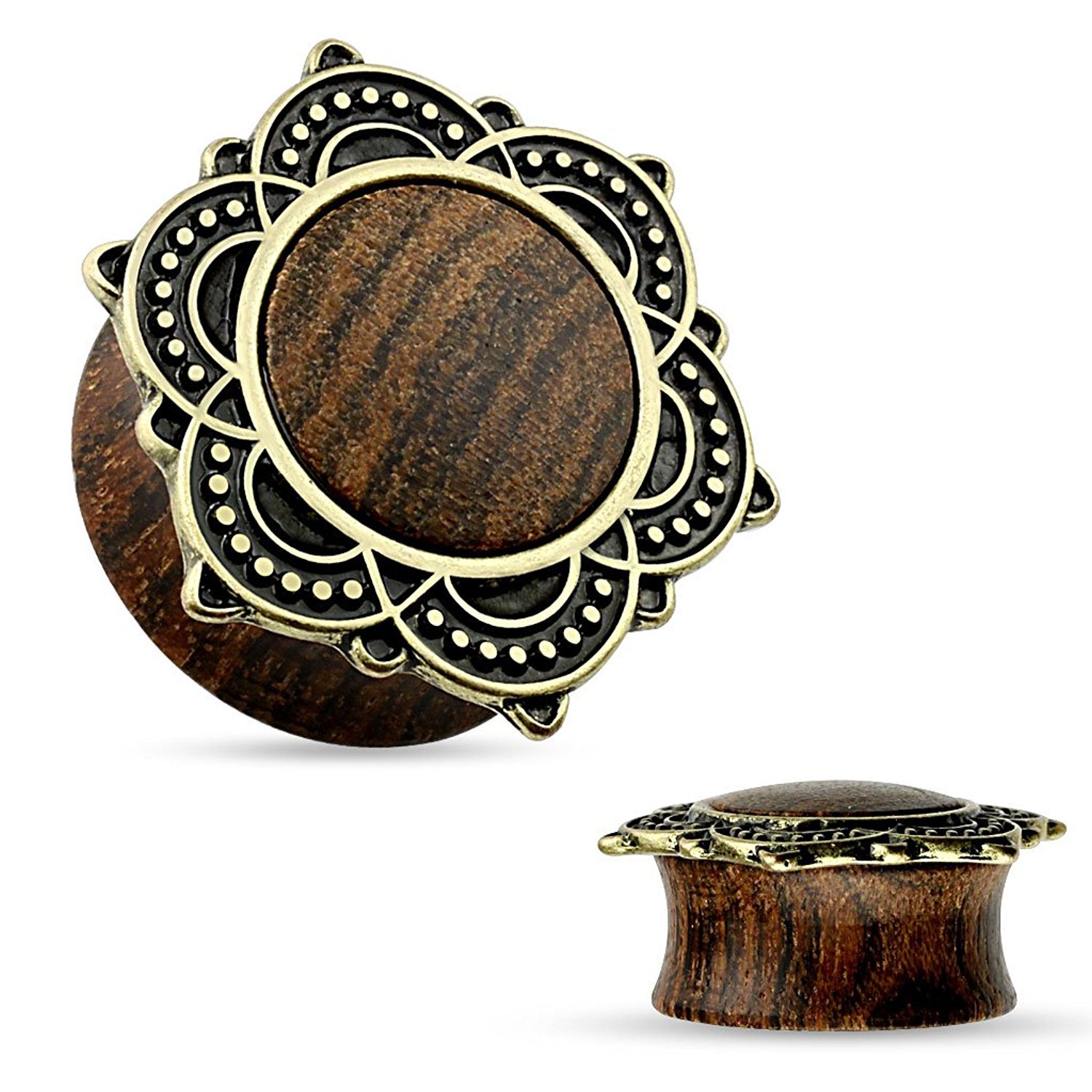 Natural Rose Wood Saddle Plug with Tribal Lotus Top - Handcrafted Wooden Ear Gauges for Stretching - Perfect for Boho Style & Body Jewelry Enthusiasts