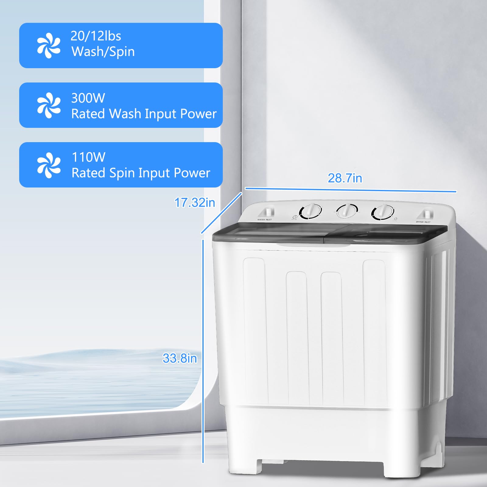 32lbs Portable Twin Tub Washing Machine with Drying Rack - Compact Mini Laundry Machine (20lbs Washer & 12lbs Spinner) - Semi-Automatic Washer Combo for Dorms, Apartments, RVs & Camping - Perfect for Small Spaces & Off-Grid Living