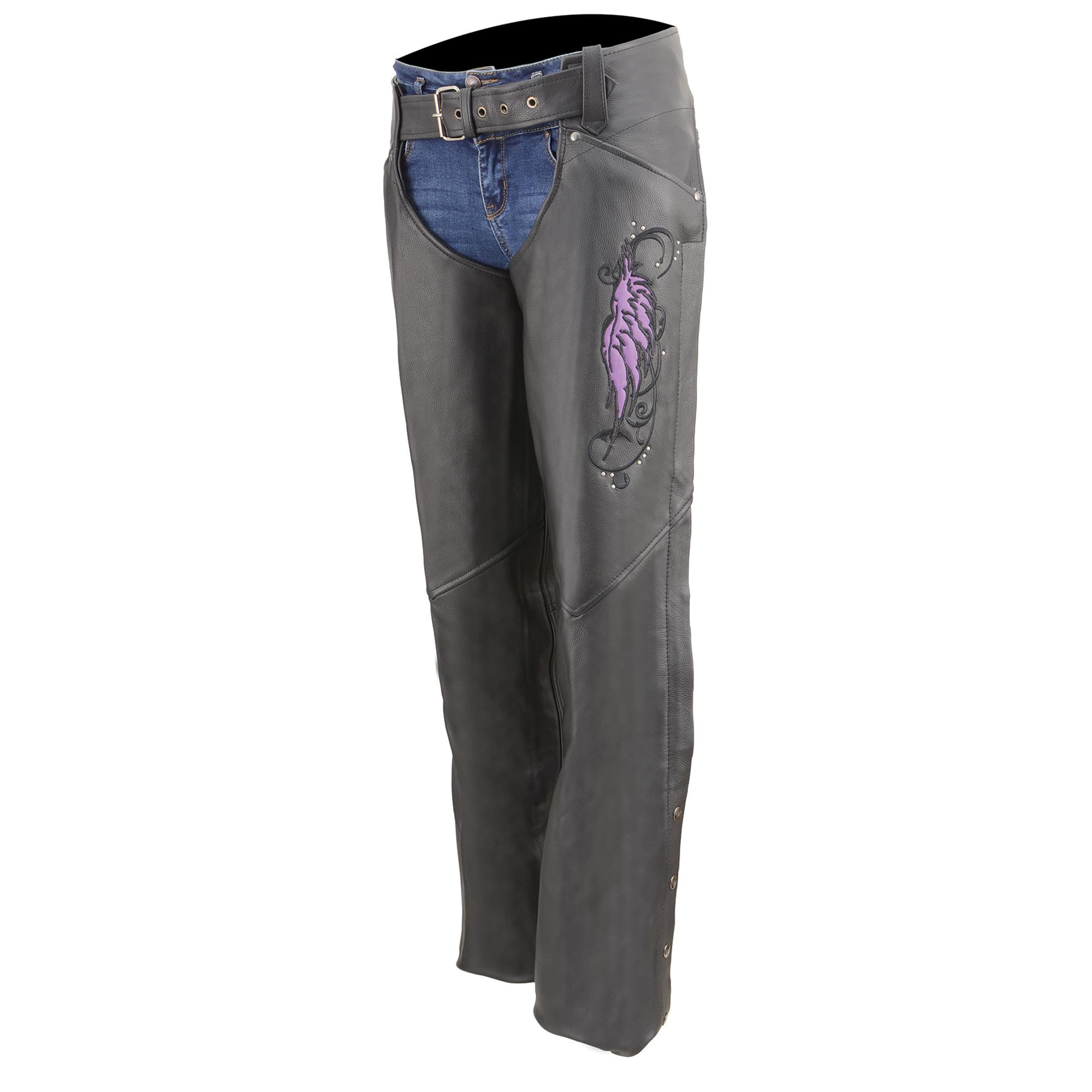 Milwaukee Leather ML1179 Women's Purple Wing Chaps - Black Naked Skin with Classic Purple Wing Embroidery | Motorcycle Riding Gear for Harley Davidson & Cruiser Bikes | Perfect for Biker Events & Long Rides